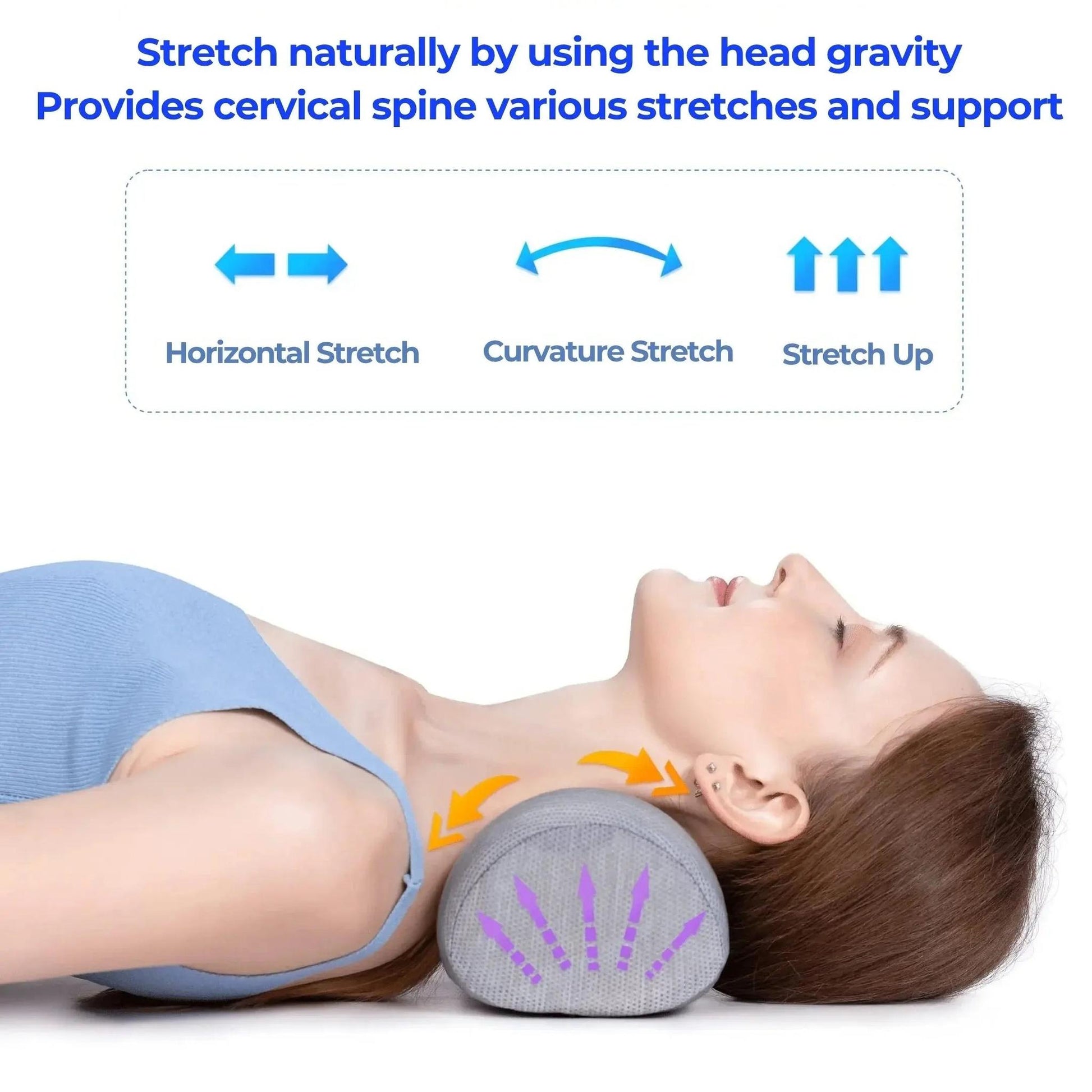 Woman using a gray cylindrical memory foam neck roll pillow for cervical spine support and stretch.