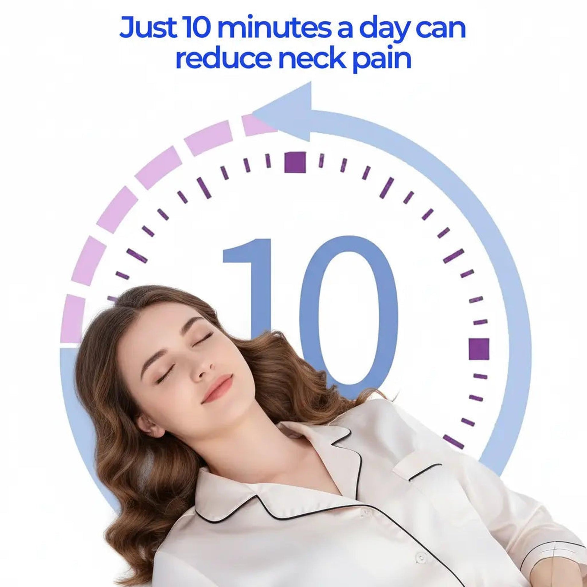 Woman relaxing with closed eyes, a light blue timer graphic showing "10" and an arrow, suggesting quick neck pain relief.