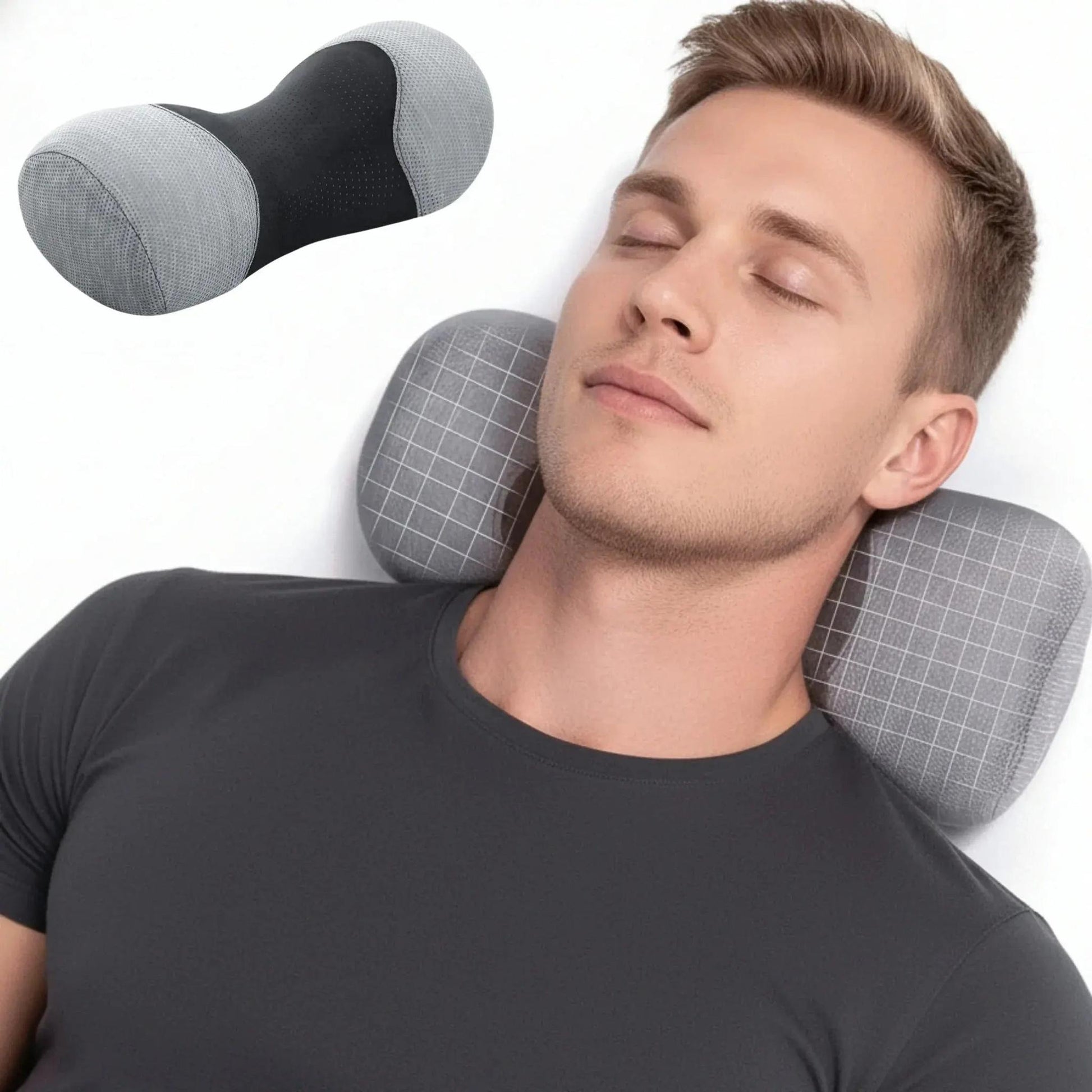Man resting with a gray, cylindrical memory foam neck roll pillow featuring a grid pattern.