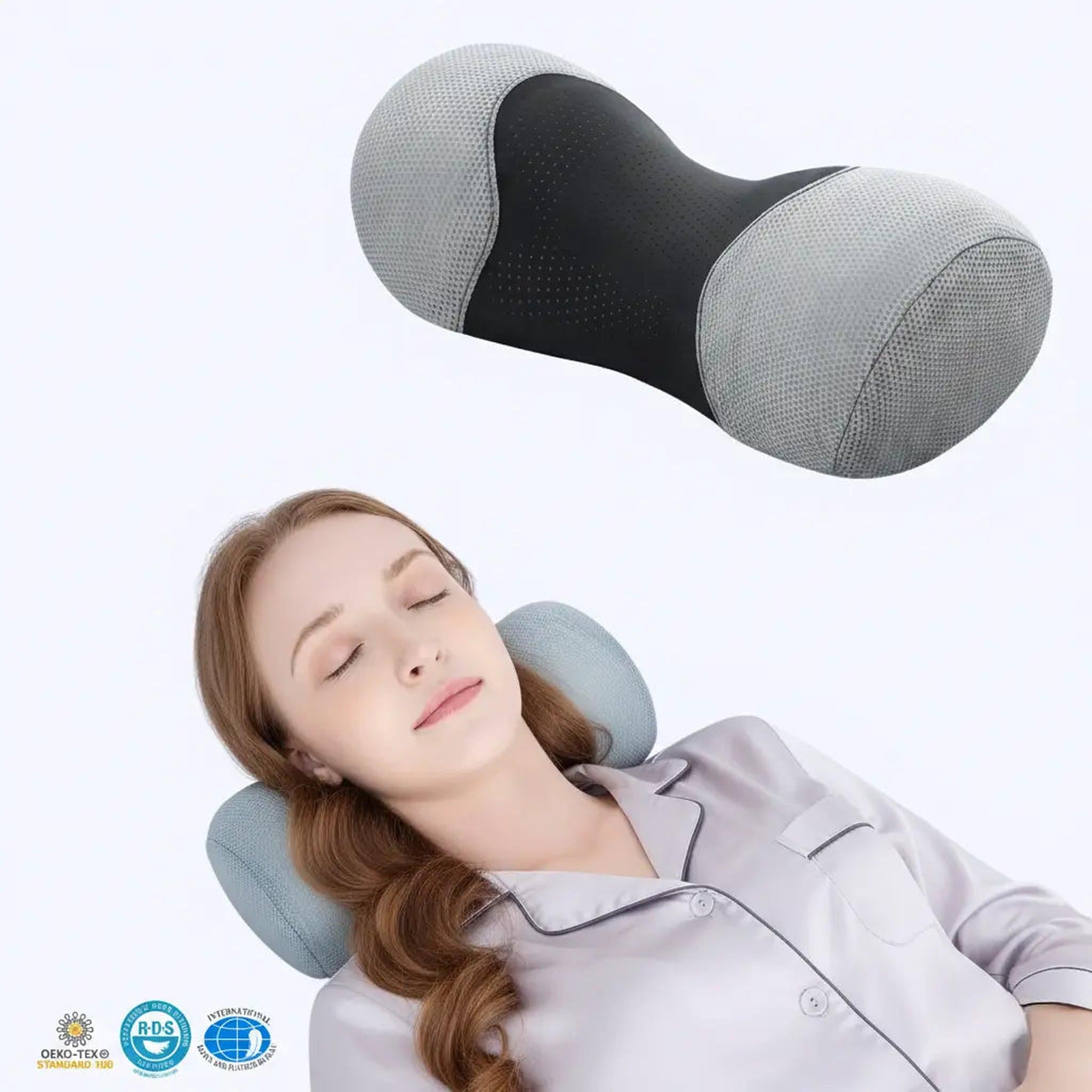 Gray and black memory foam neck roll pillow with a woman sleeping comfortably on a light blue pillow.