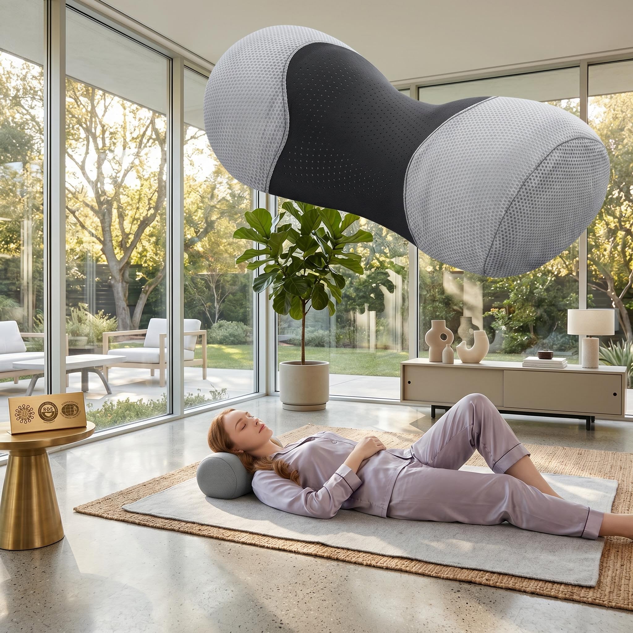 Woman relaxing with a light gray cylindrical memory foam neck roll pillow, with a larger black and gray pillow floating above.