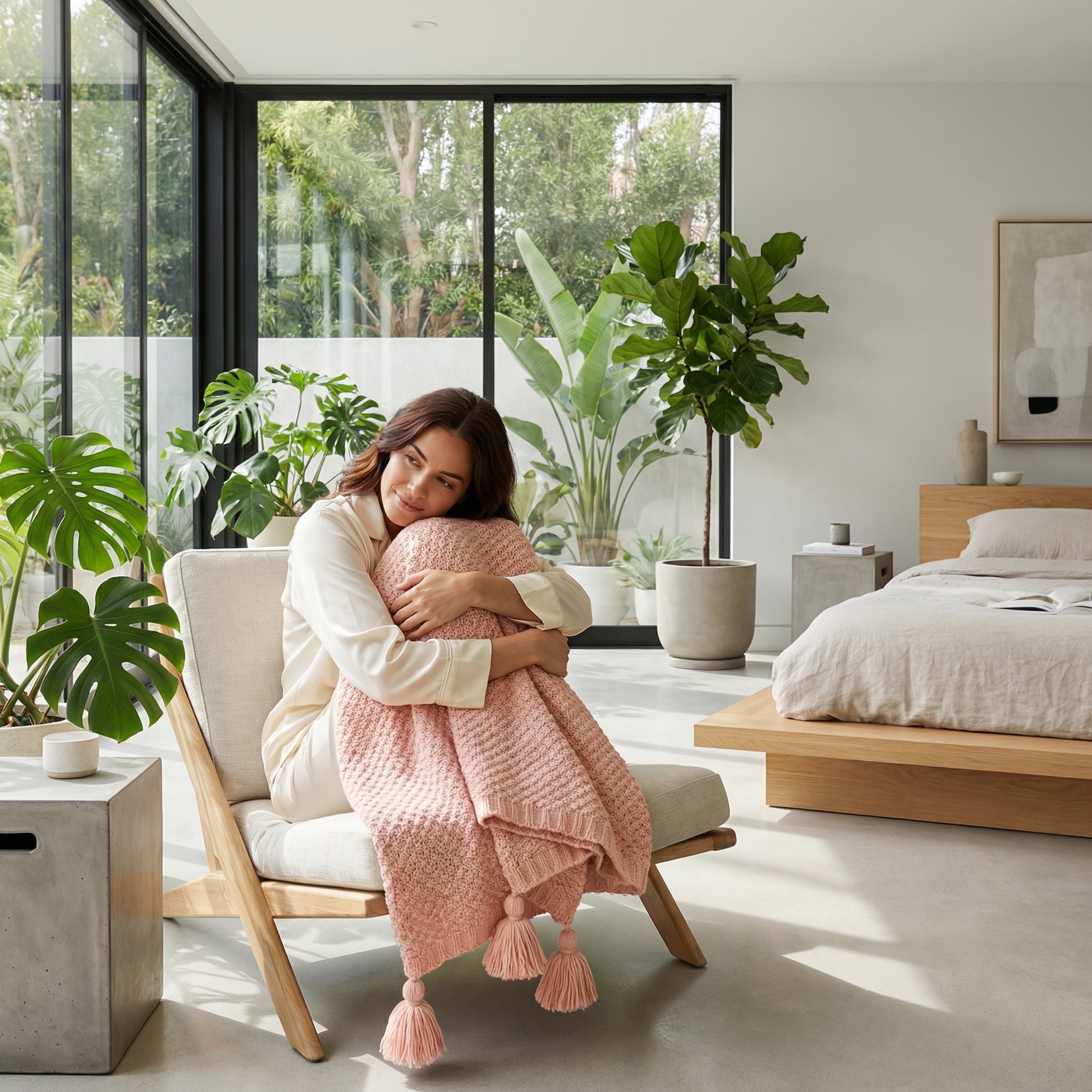 Woman in a modern room, embracing a soft pink chunky knit throw blanket with tassels.