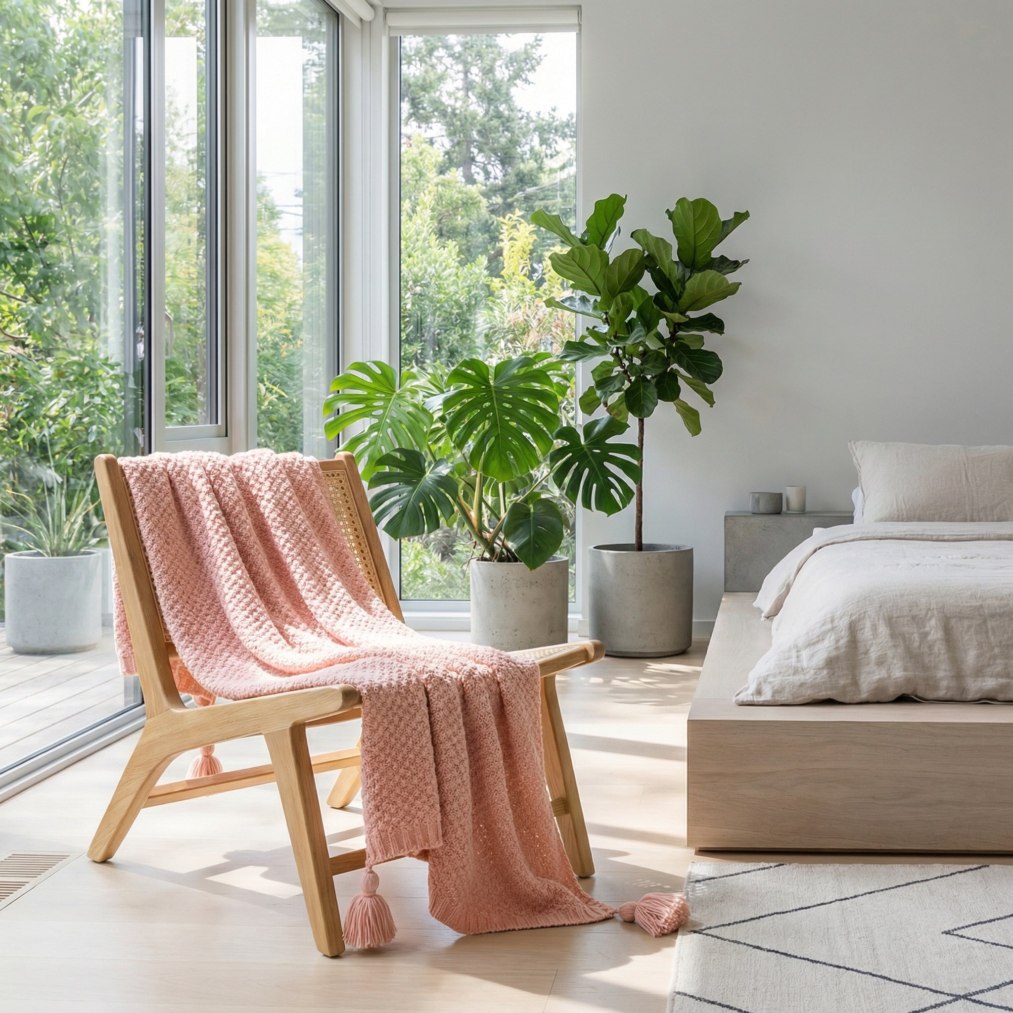 Pink chunky knit throw blanket with tassels draped over a wooden chair in a bright, modern room.