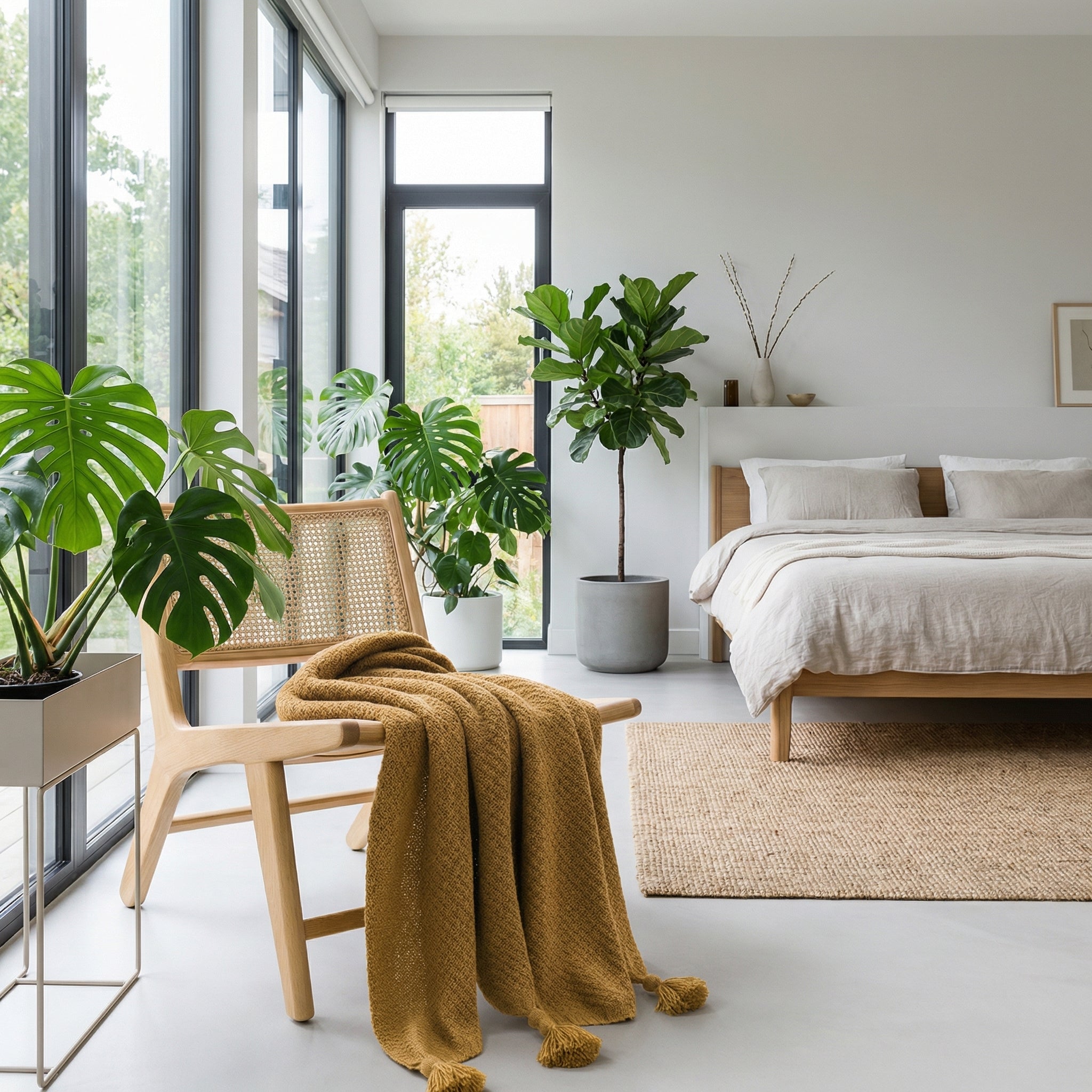 Mustard yellow chunky knit throw blanket with tassels draped over a wooden chair in a bright bedroom.
