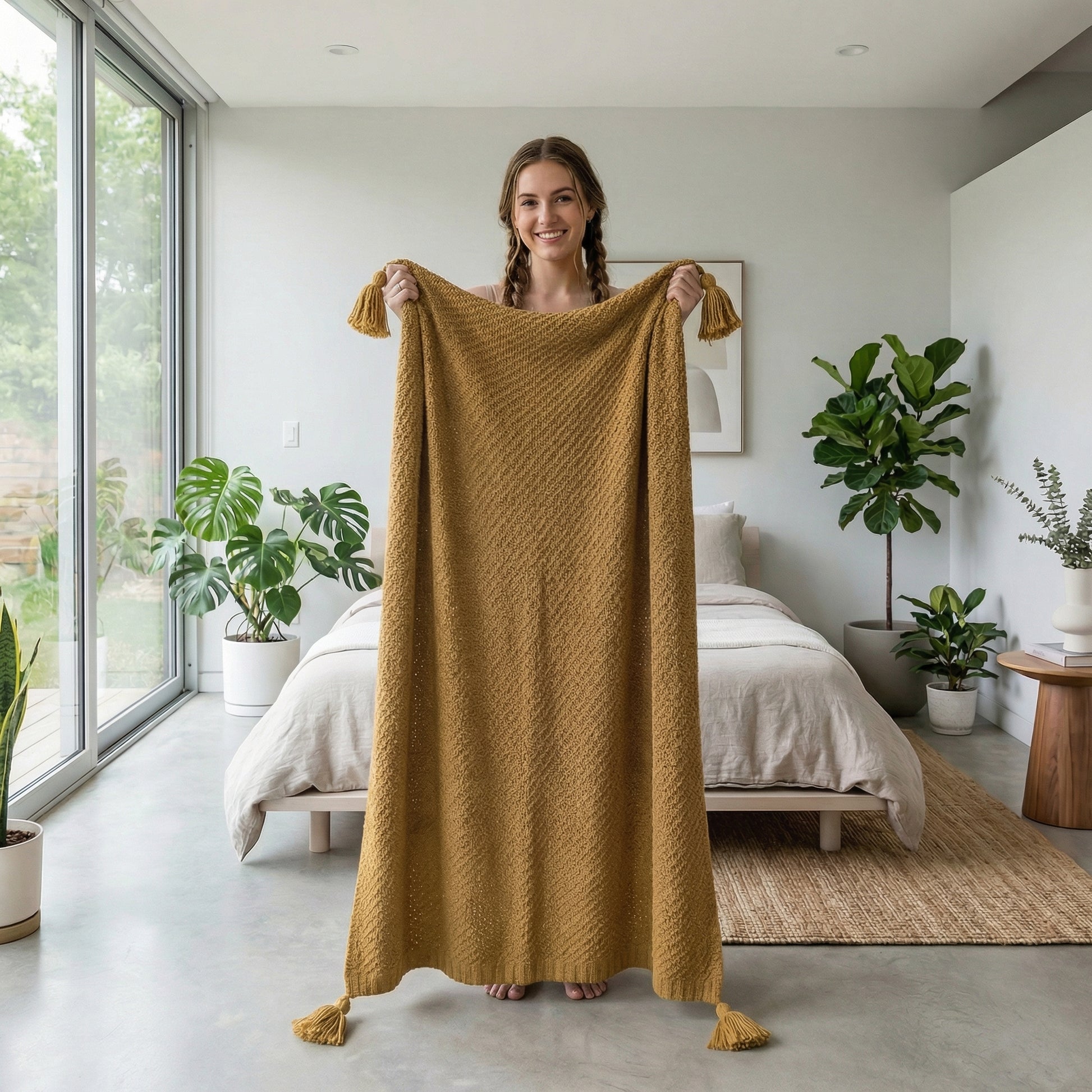 Smiling woman holding up a mustard yellow chunky knit throw blanket with tassels in a bright bedroom.
