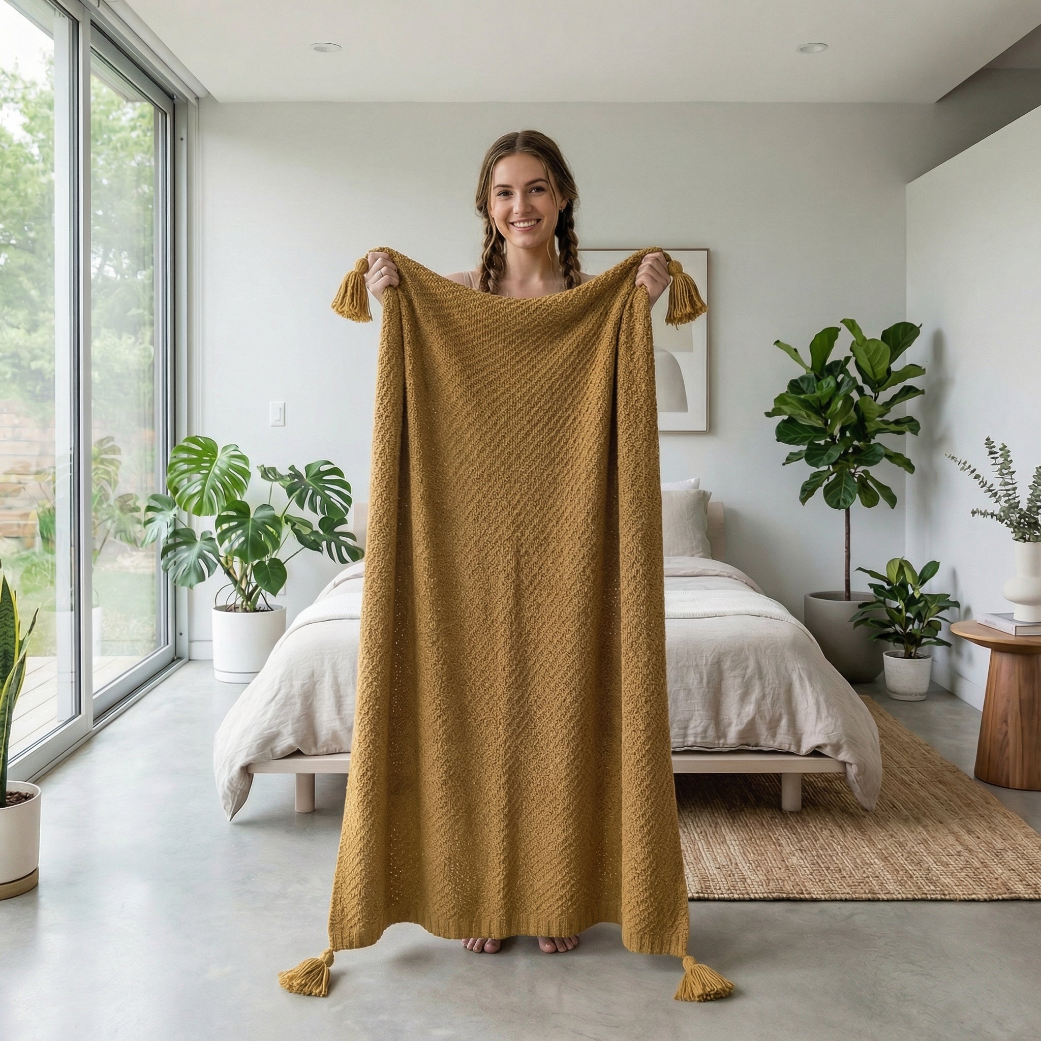 Smiling woman holding up a mustard yellow chunky knit throw blanket with tassels in a bright bedroom.