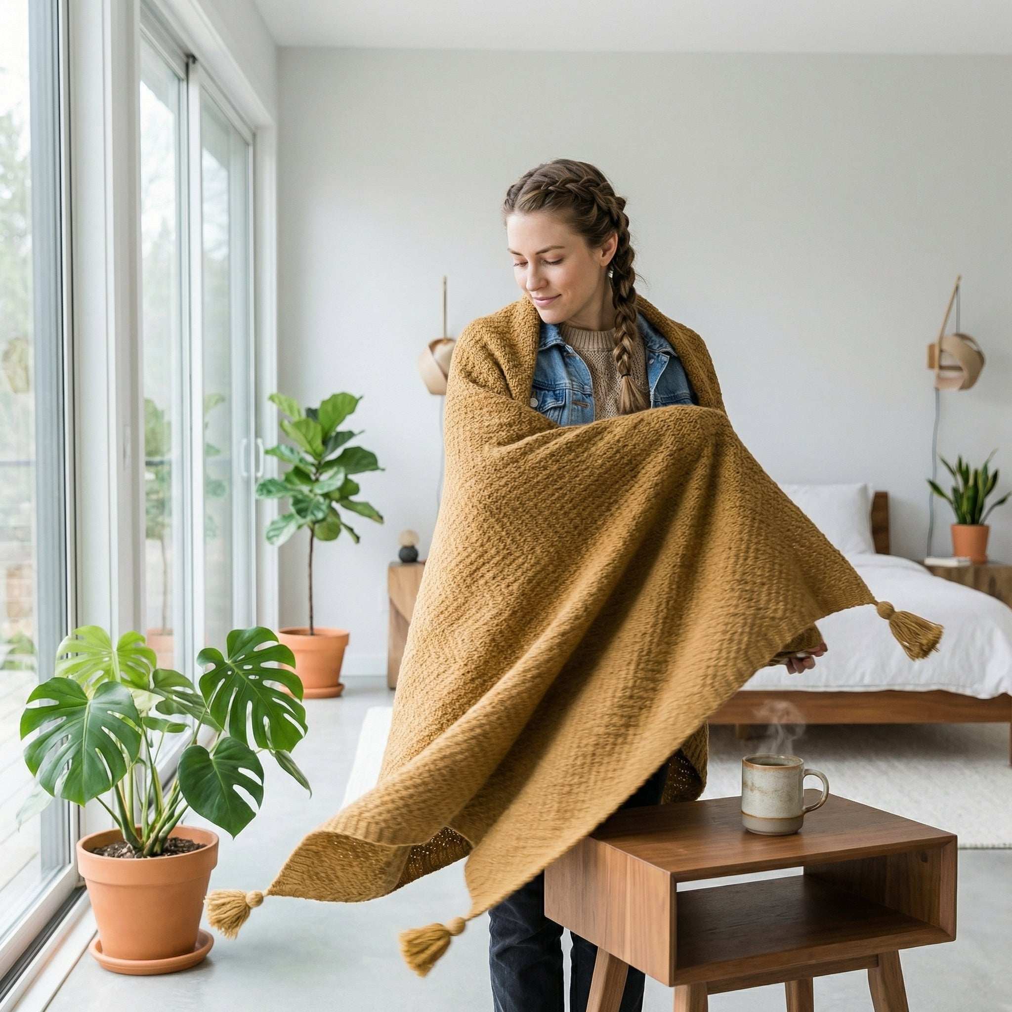 Woman wrapped in a mustard yellow chunky knit throw blanket with tassels, standing in a bright room.