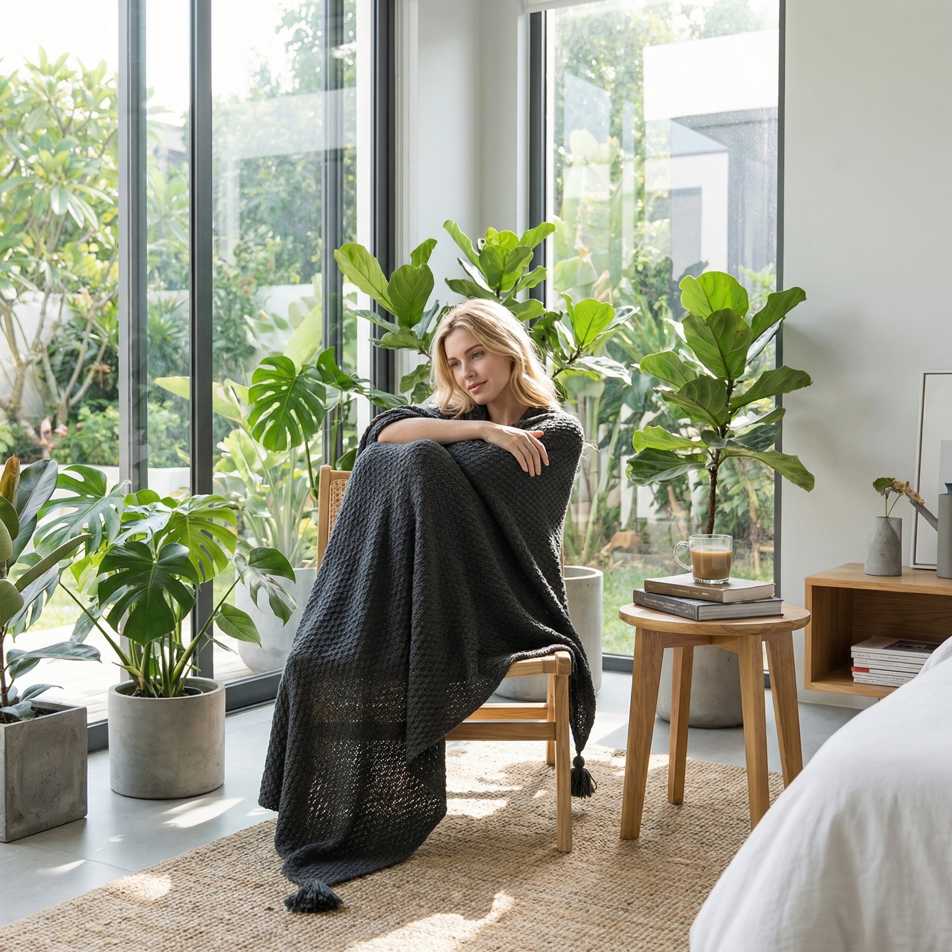 Blonde woman wrapped in a dark gray chunky knit throw blanket on a chair in a sunlit room with plants.