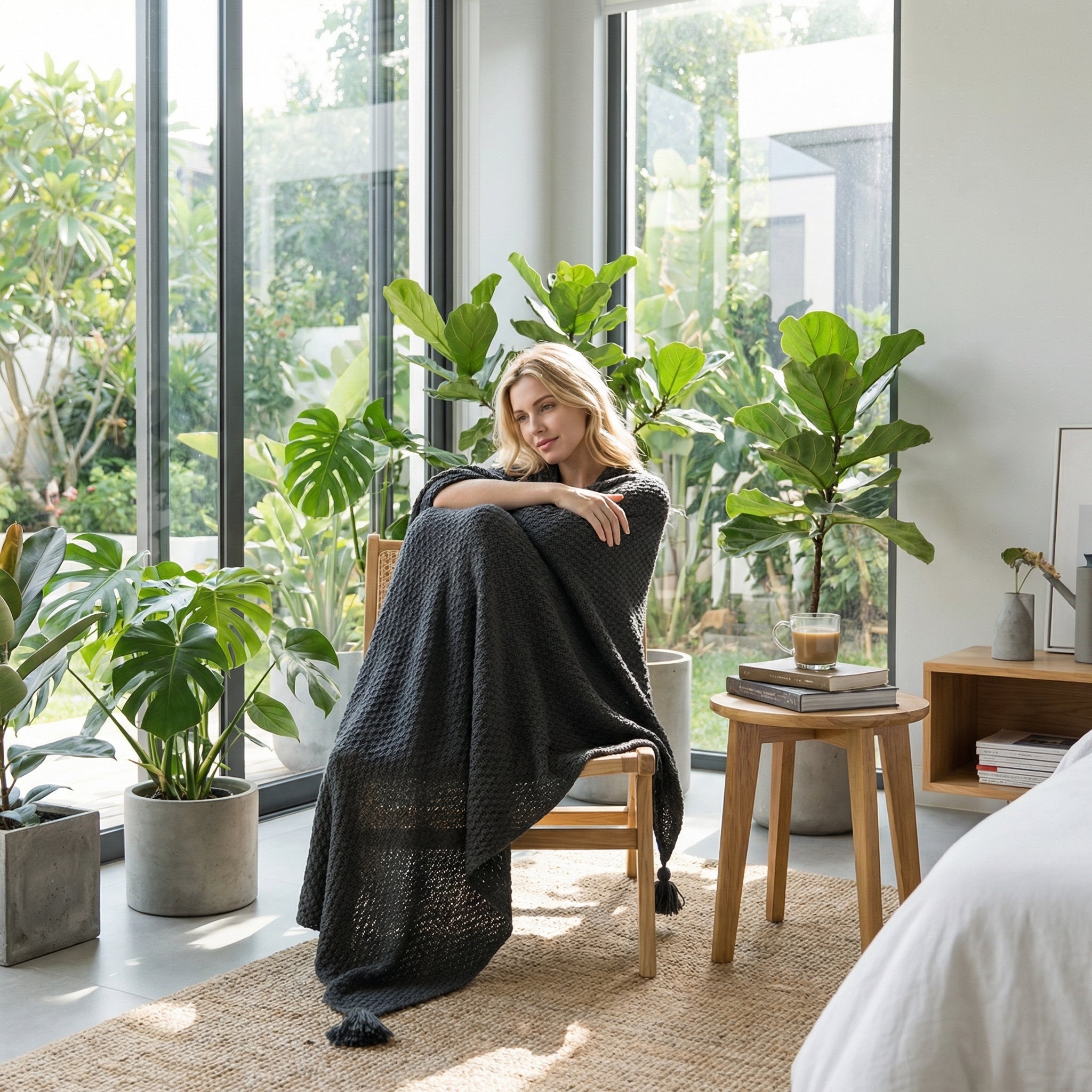Blonde woman wrapped in a dark gray chunky knit throw blanket on a chair in a sunlit room with plants.