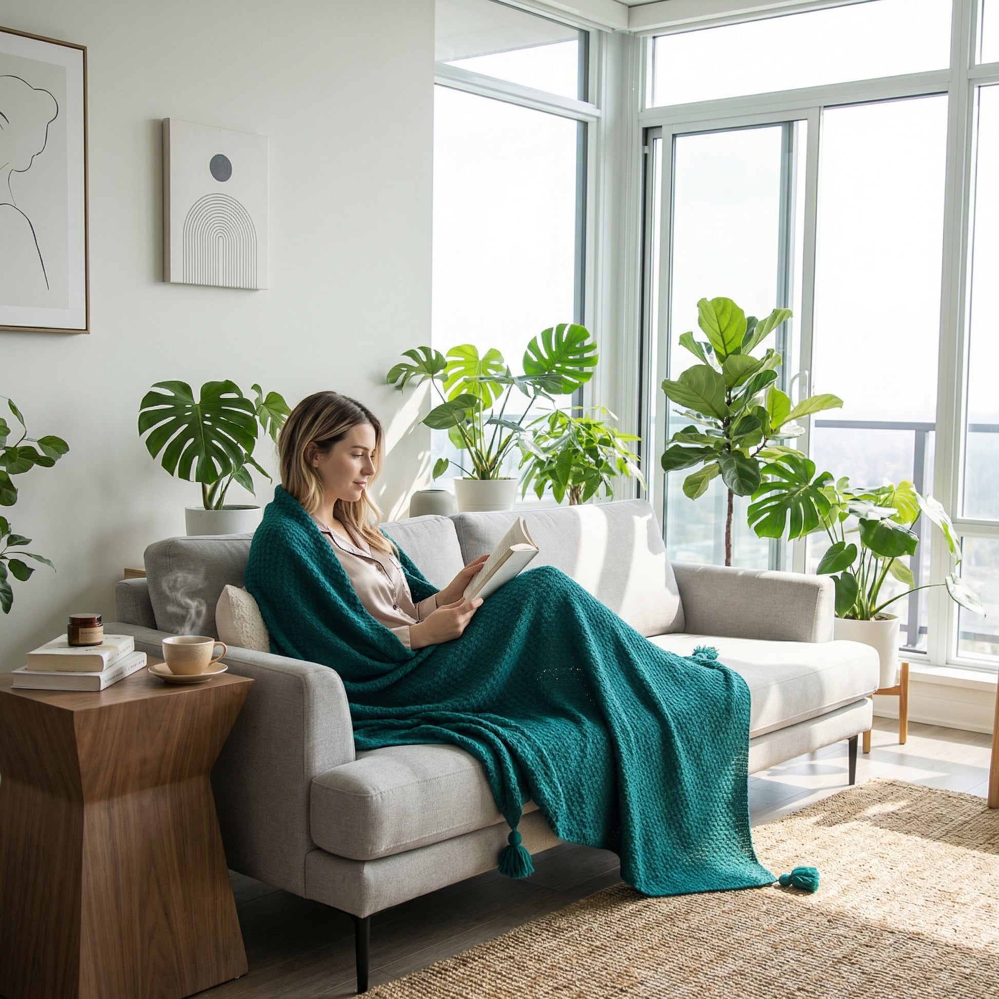 Woman on a gray sofa wrapped in a teal chunky knit throw blanket, reading a book in a bright living room.