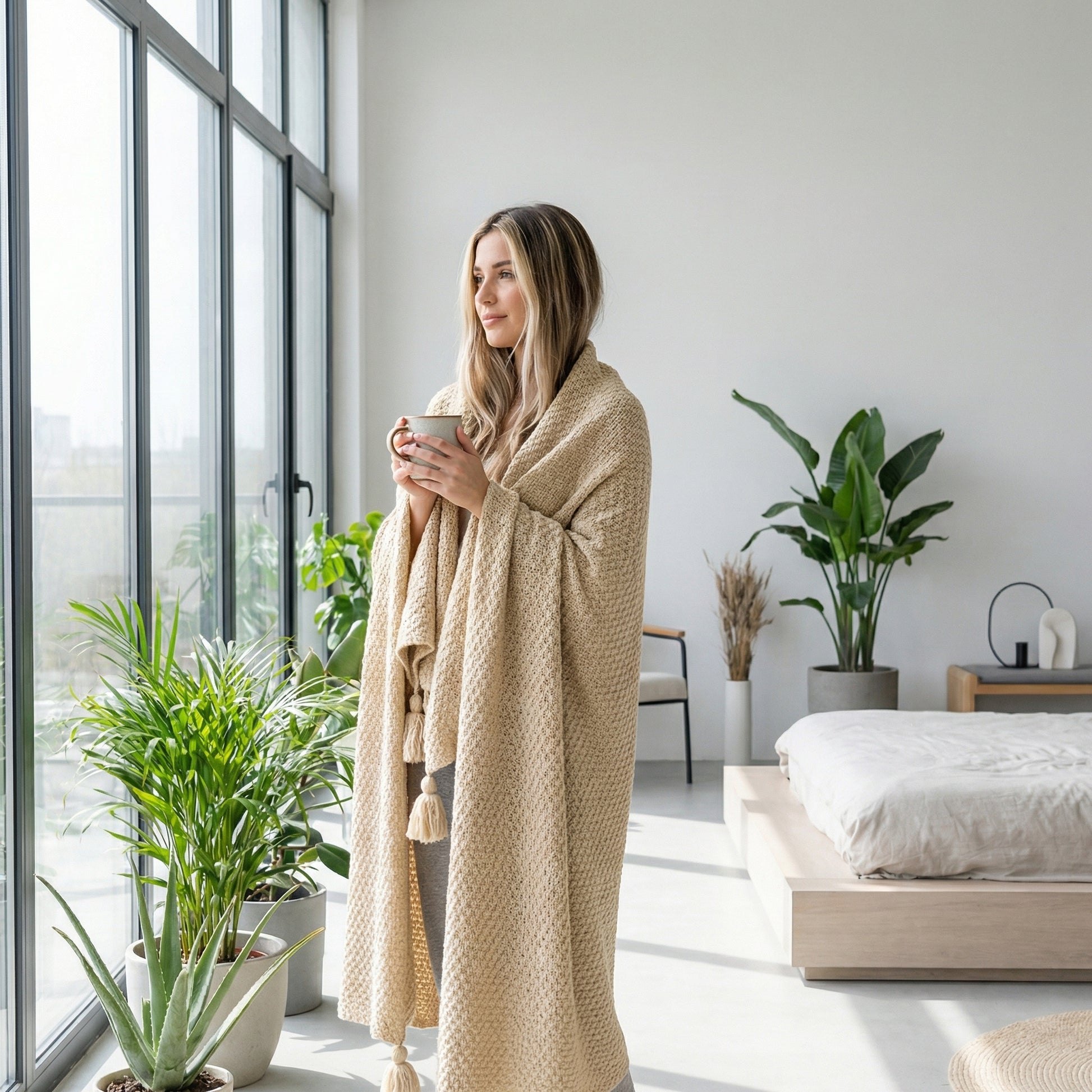 Woman wrapped in a beige chunky knit throw blanket, holding a mug, looking out a large window in a bright room with plants.