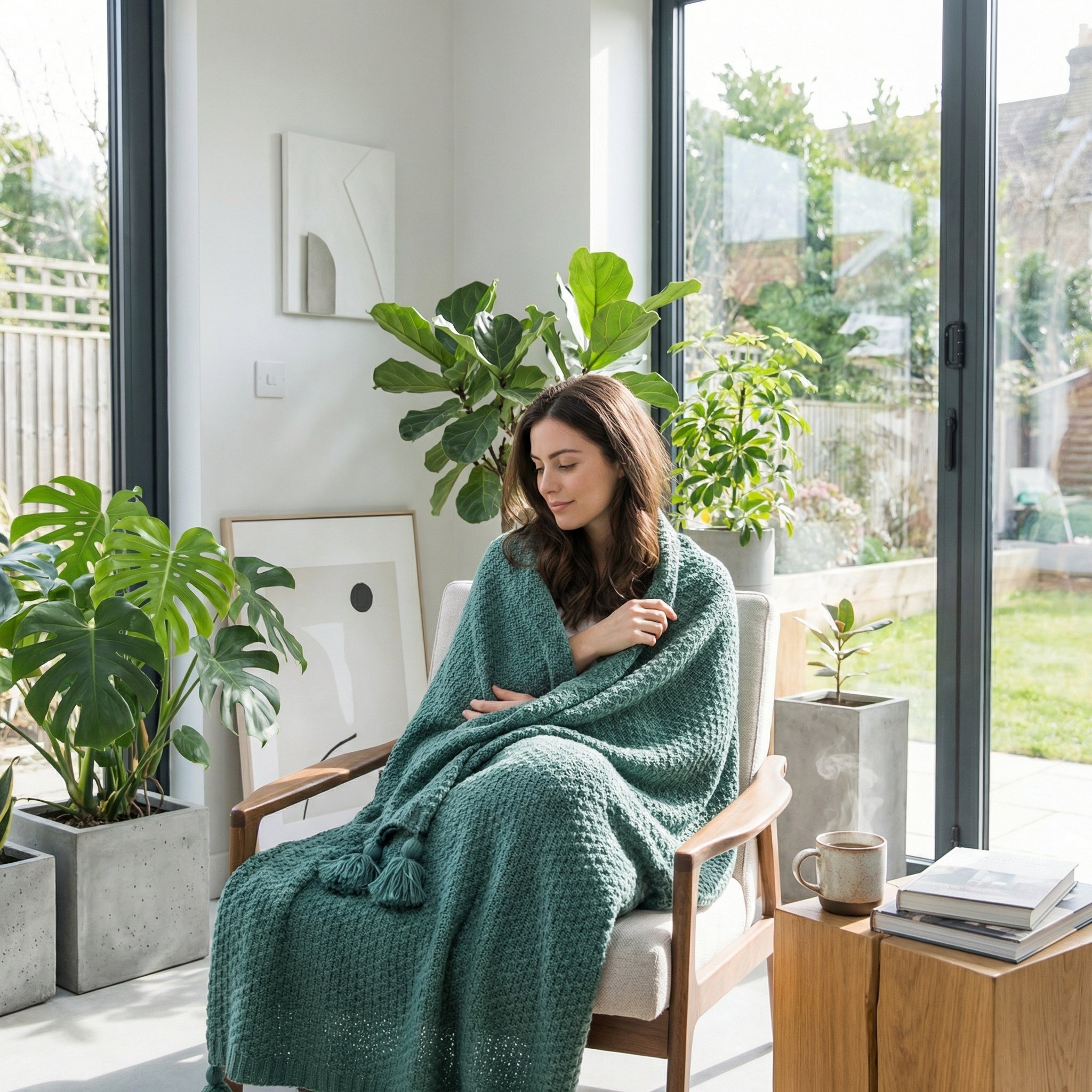 Woman wrapped in a cozy, chunky knit teal throw blanket with tassels, relaxing in a bright room with plants.