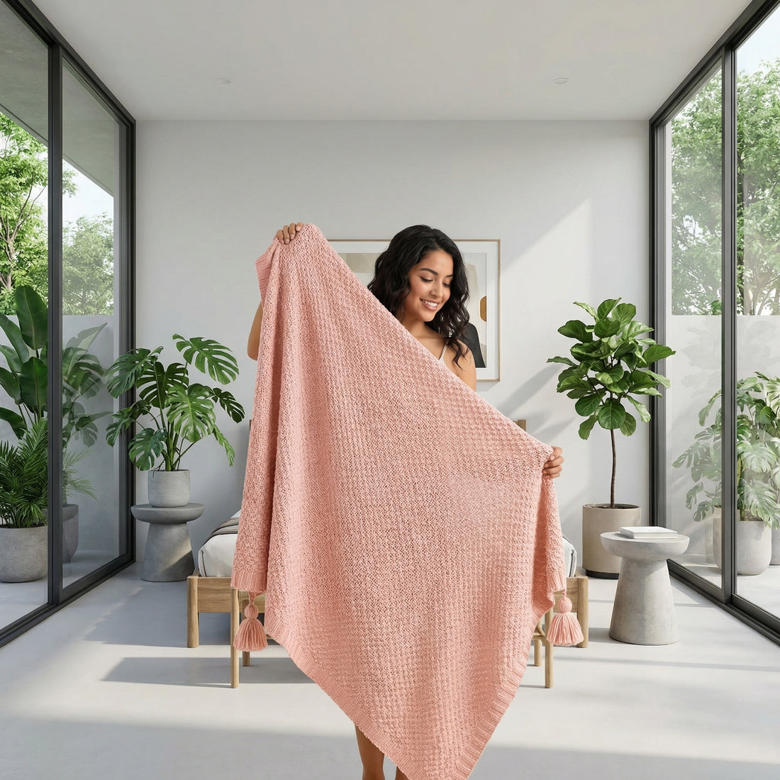 Smiling woman holding a pink chunky knit throw blanket with tassels in a bright, modern room.