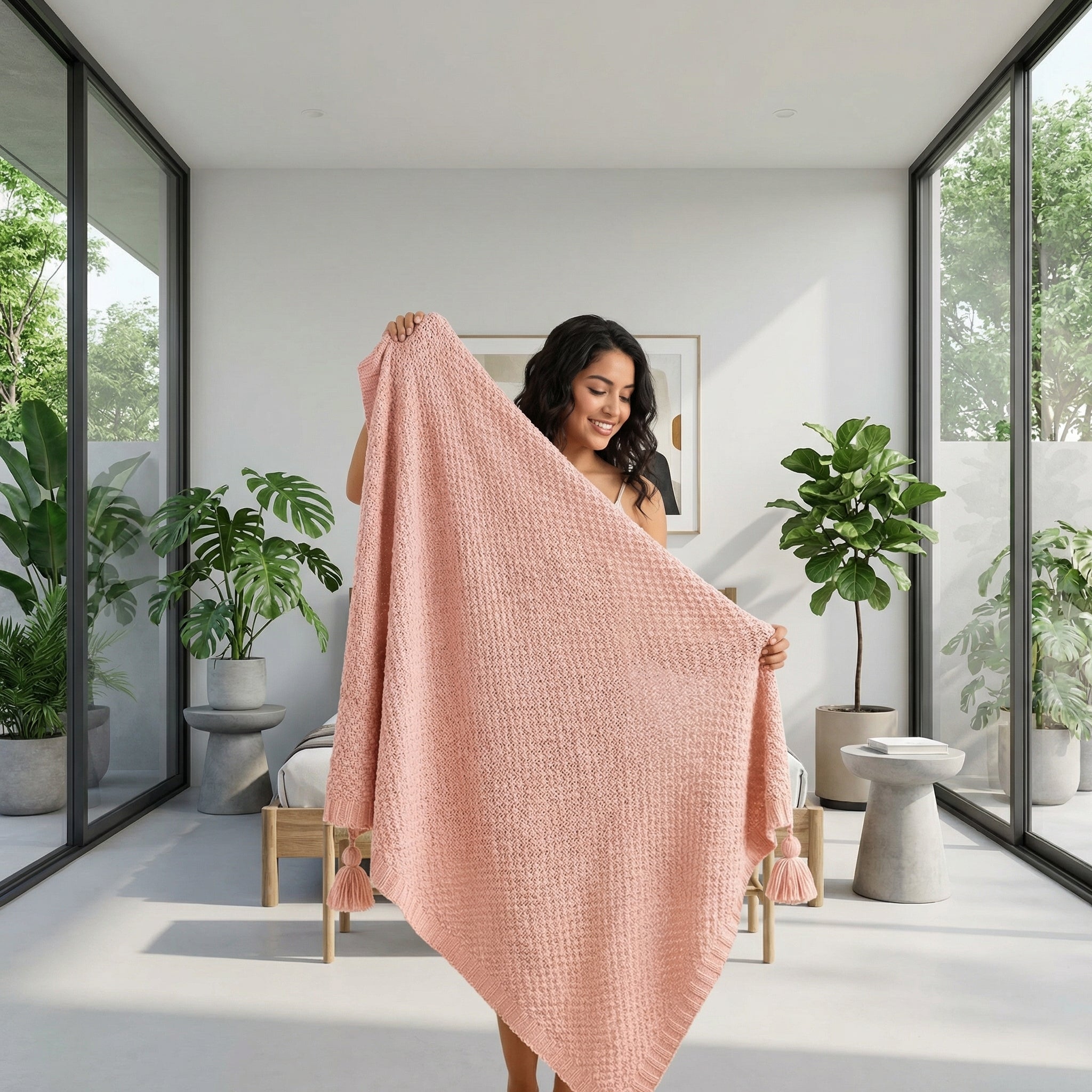 Smiling woman holding a pink chunky knit throw blanket with tassels in a bright, modern room.