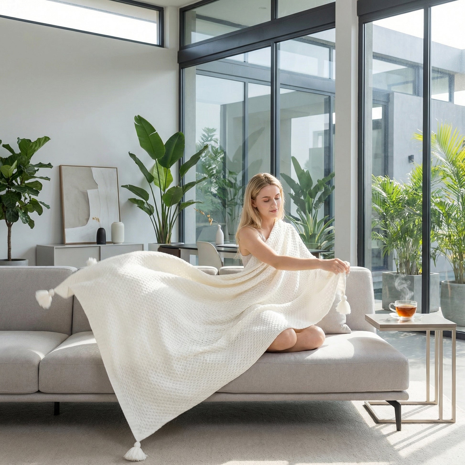 Blonde woman on a sofa with a cream chunky knit throw blanket with pom-poms, in a modern living room.