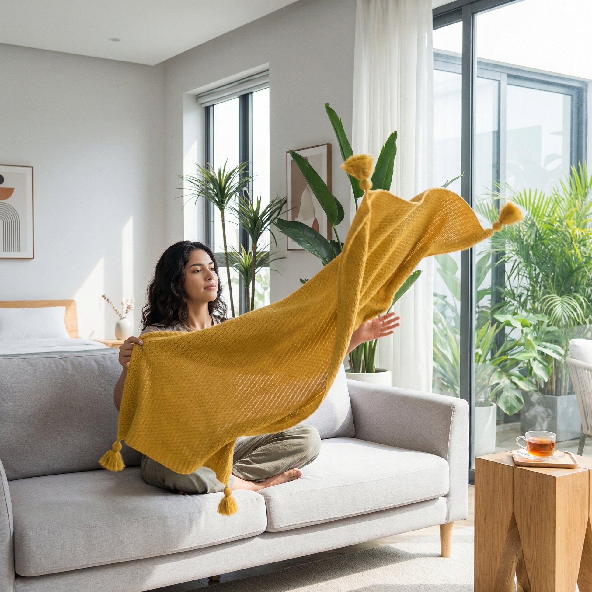 Woman on a grey sofa holding up a mustard yellow chunky knit throw blanket with pom-poms.