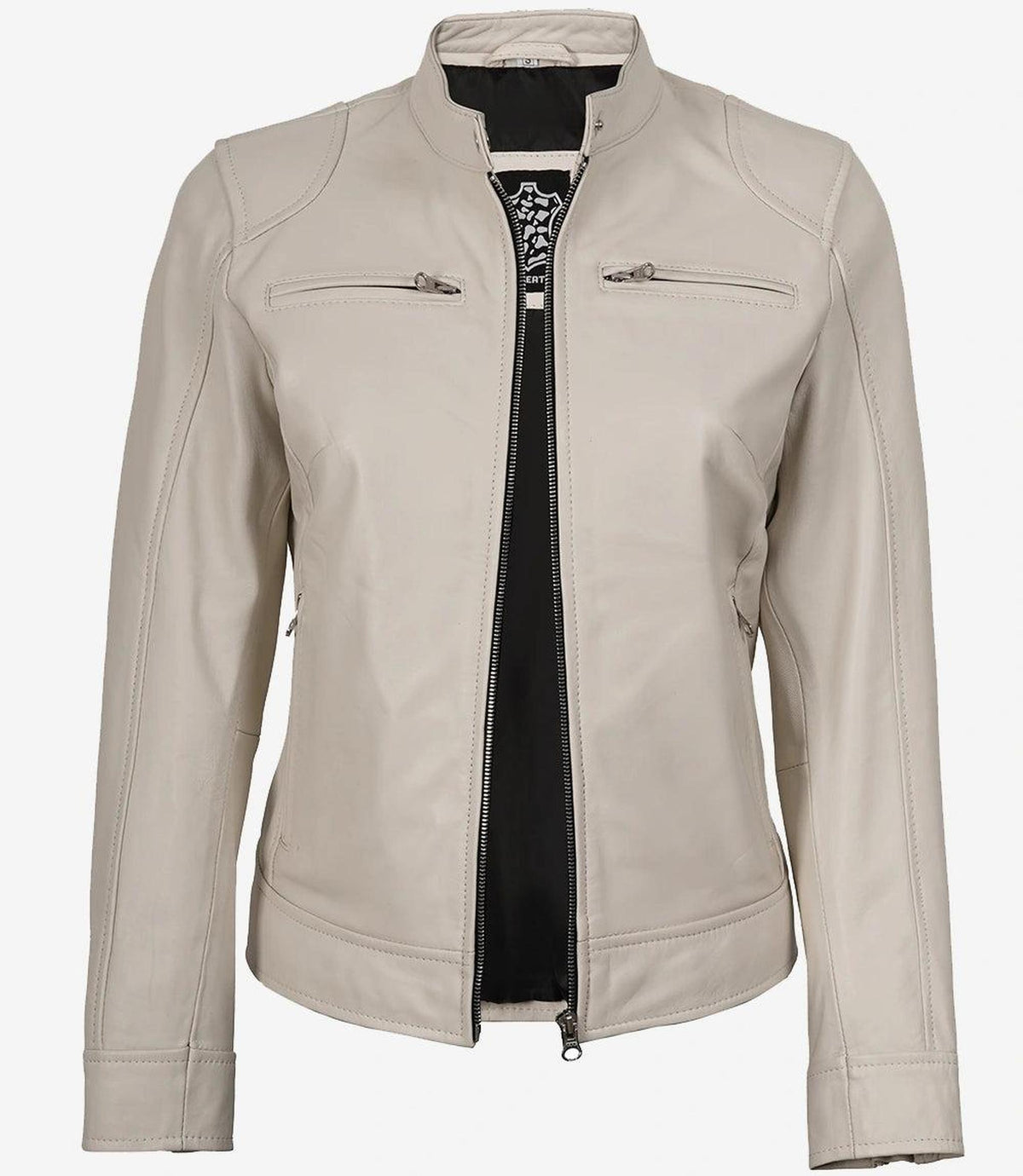 Off White Biker Style Leather Jacket for Women-Leather Jackets-Glompi-Glompi