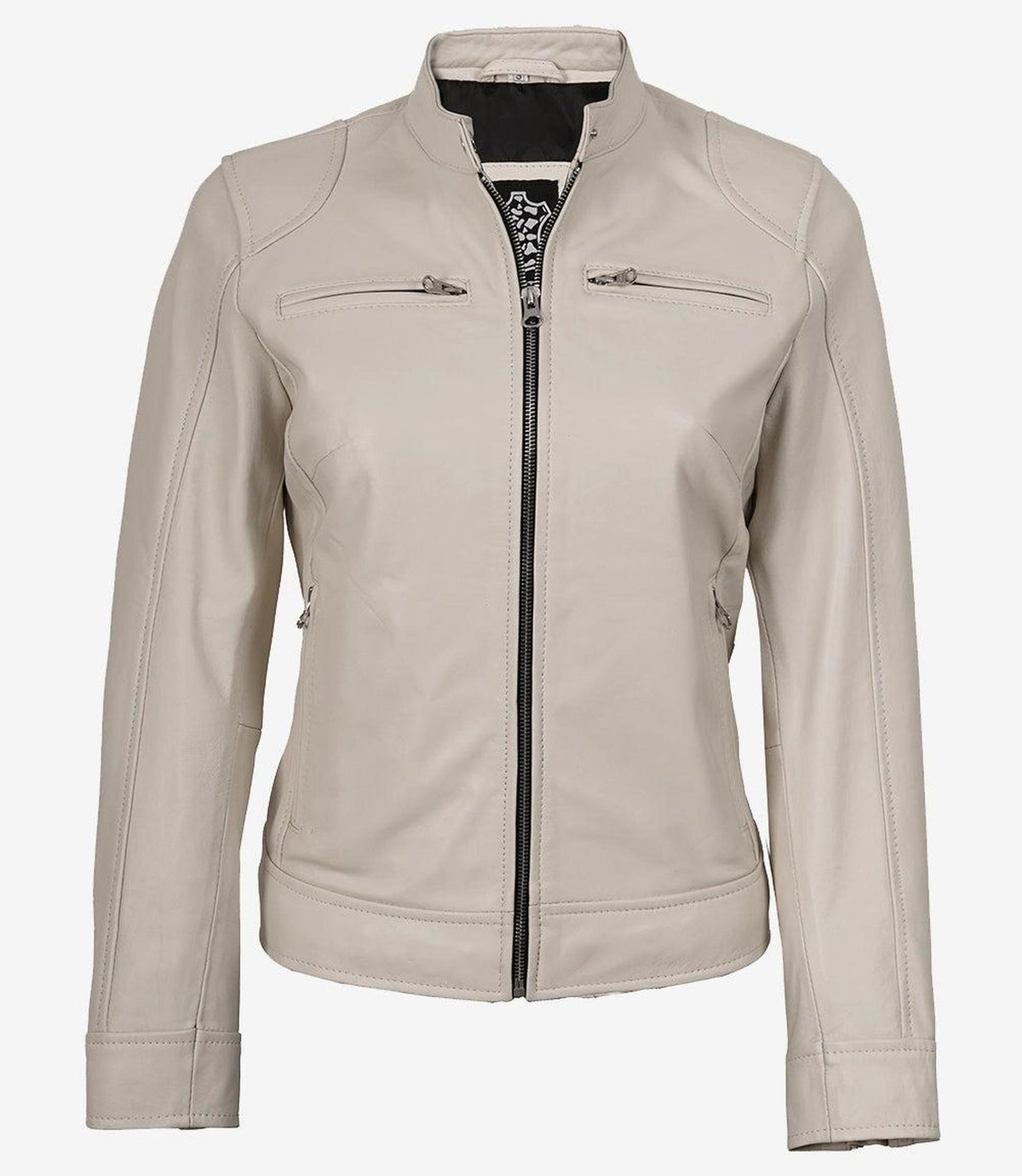 Off White Biker Style Leather Jacket for Women-Leather Jackets-Glompi-Glompi