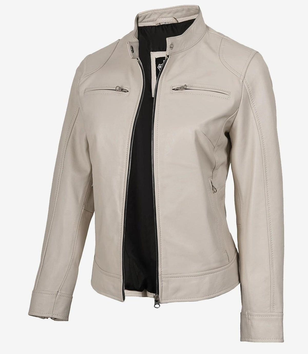Off White Biker Style Leather Jacket for Women-Leather Jackets-Glompi-XS-Glompi