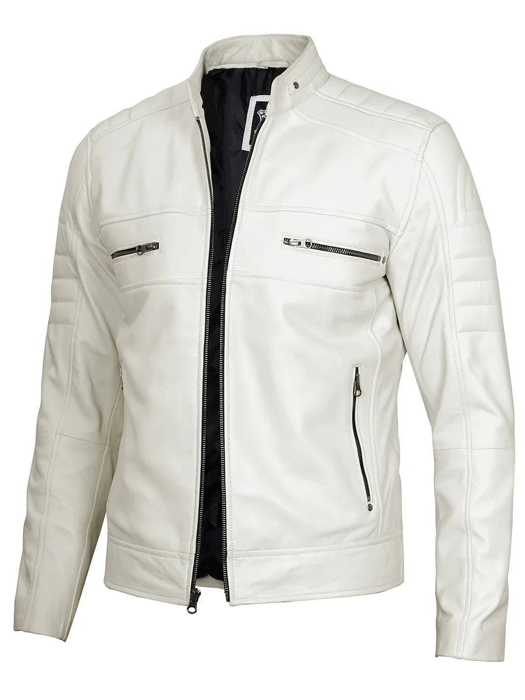 Off White Cafe Racer Leather Jacket for Men 0