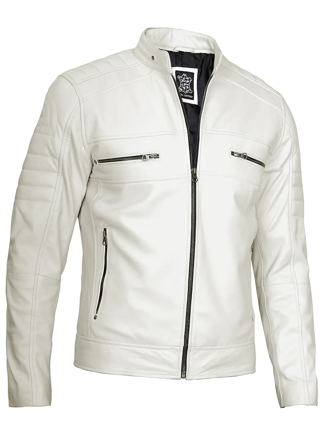 Off White Cafe Racer Leather Jacket for Men 1