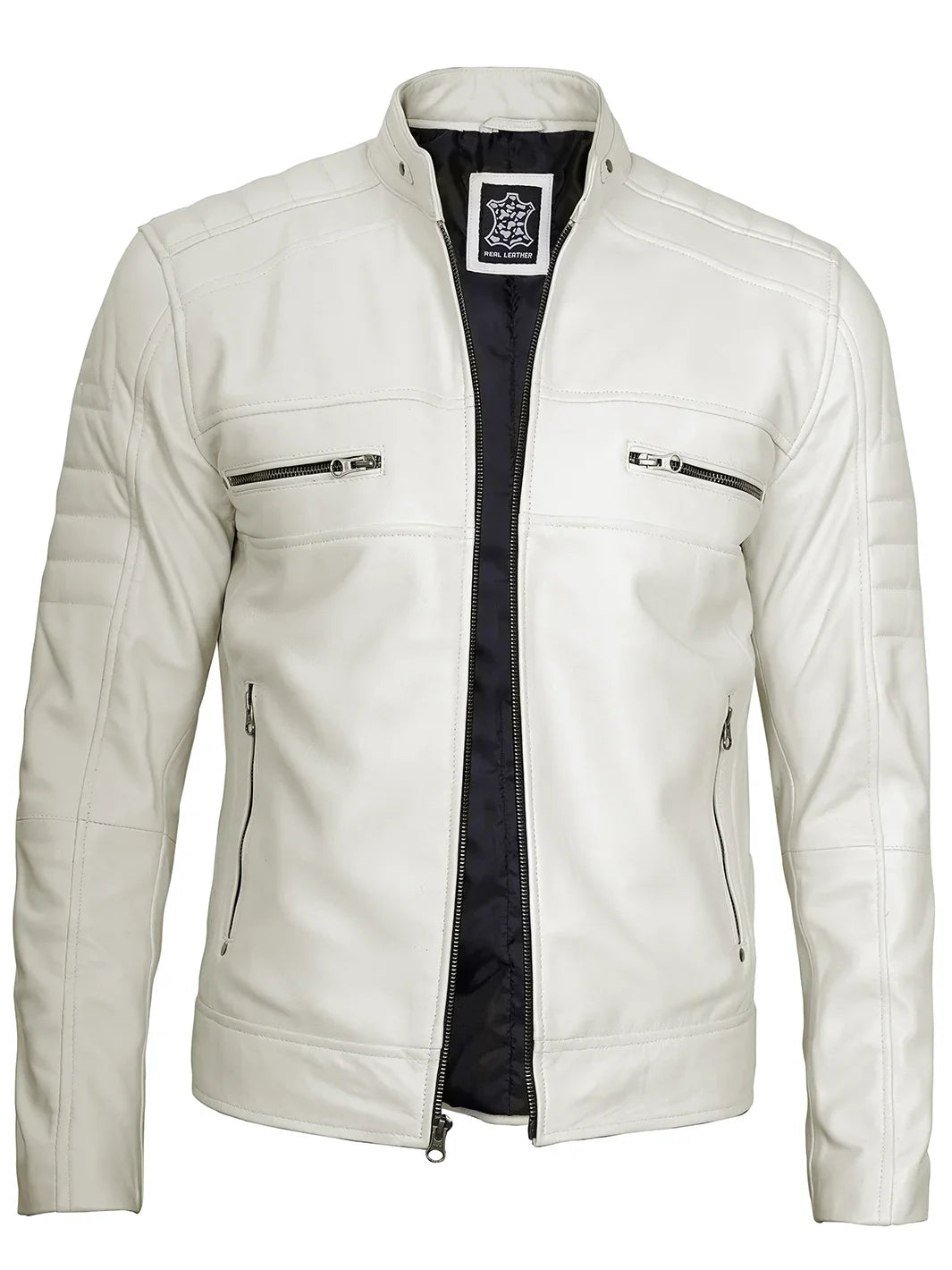 Off White Cafe Racer Leather Jacket for Men 2