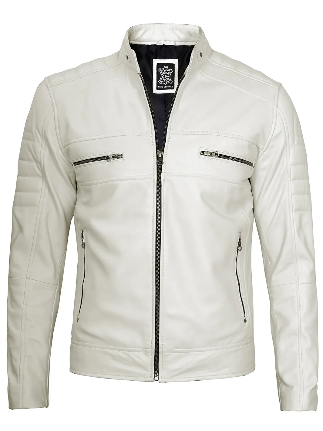 Off White Cafe Racer Leather Jacket for Men 3