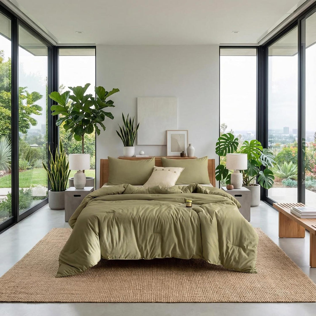 Olive green king comforter set with two matching pillowcases, showcasing a soft, bohemian design.