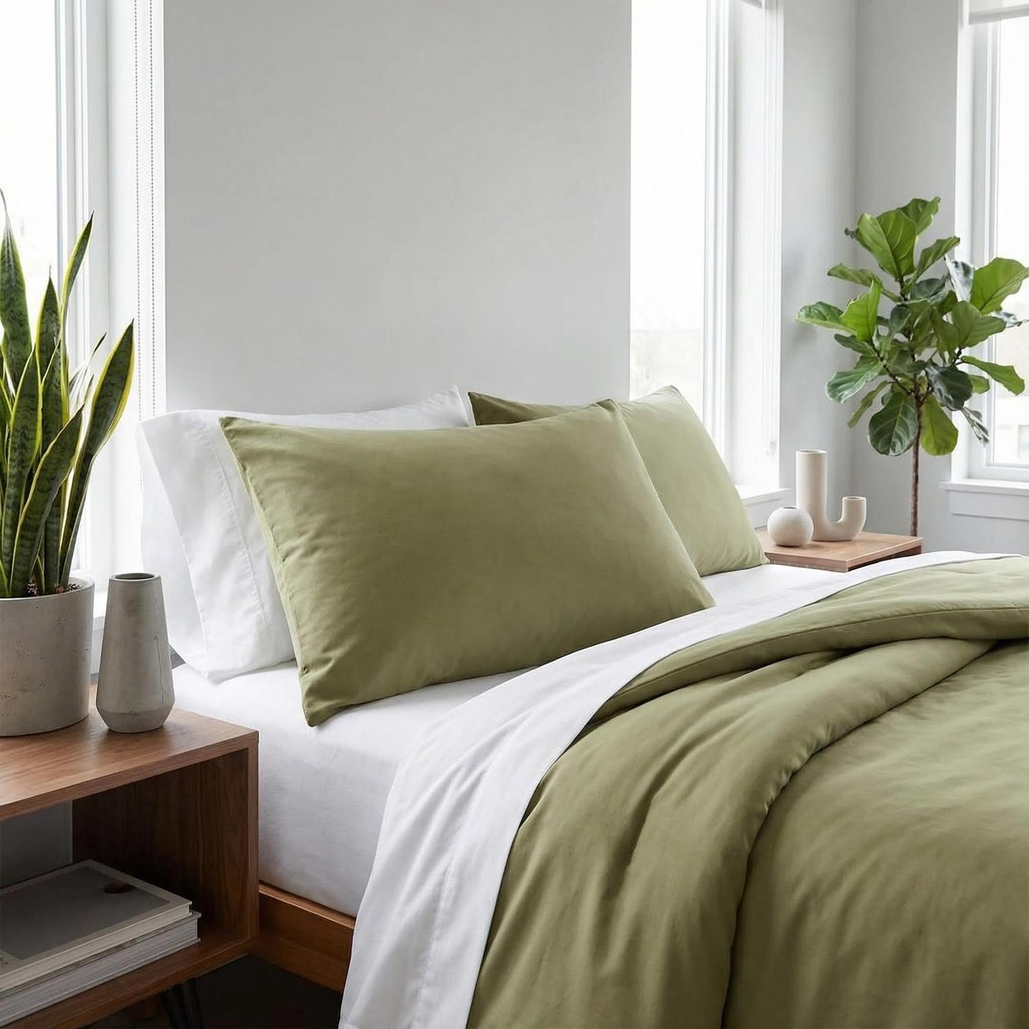 Olive green comforter set for a king bed, featuring a soft, solid bohemian design.