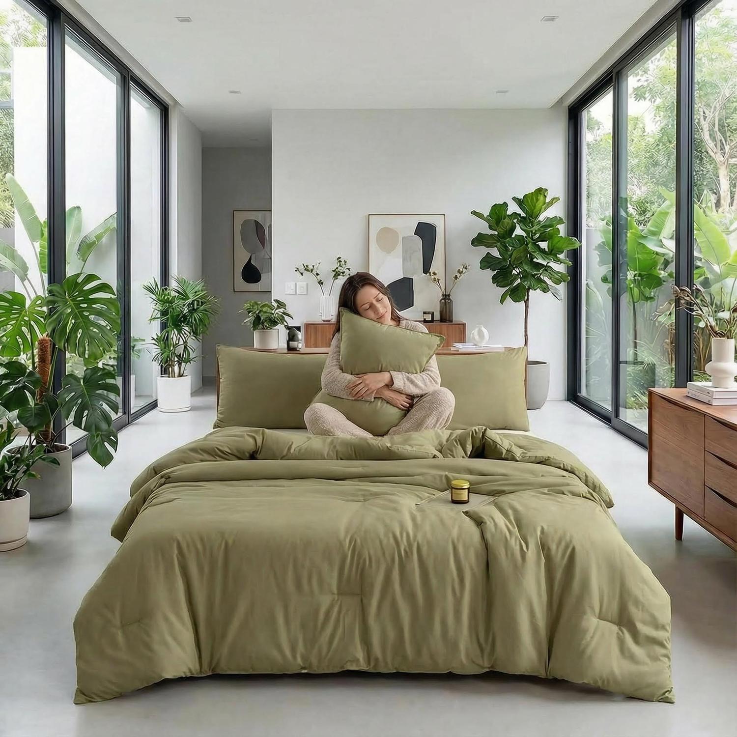 Olive green king comforter set with two matching pillowcases, showcasing a soft, bohemian design.