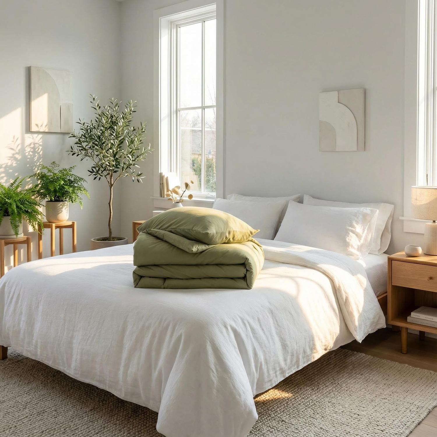 Olive green comforter set for a king bed, featuring a soft, solid bohemian design.