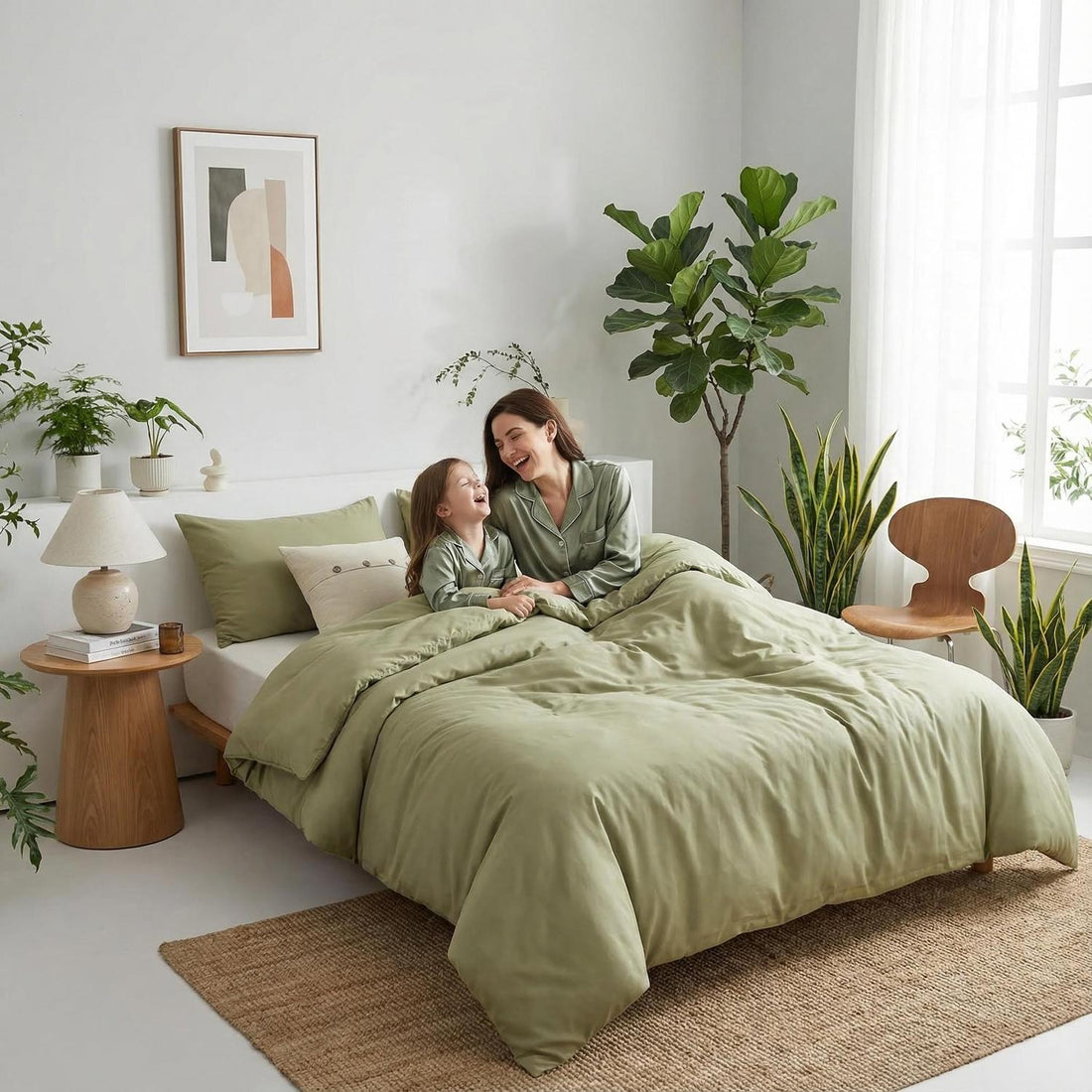 Olive green king comforter set with two matching pillowcases, showcasing a soft, bohemian design.