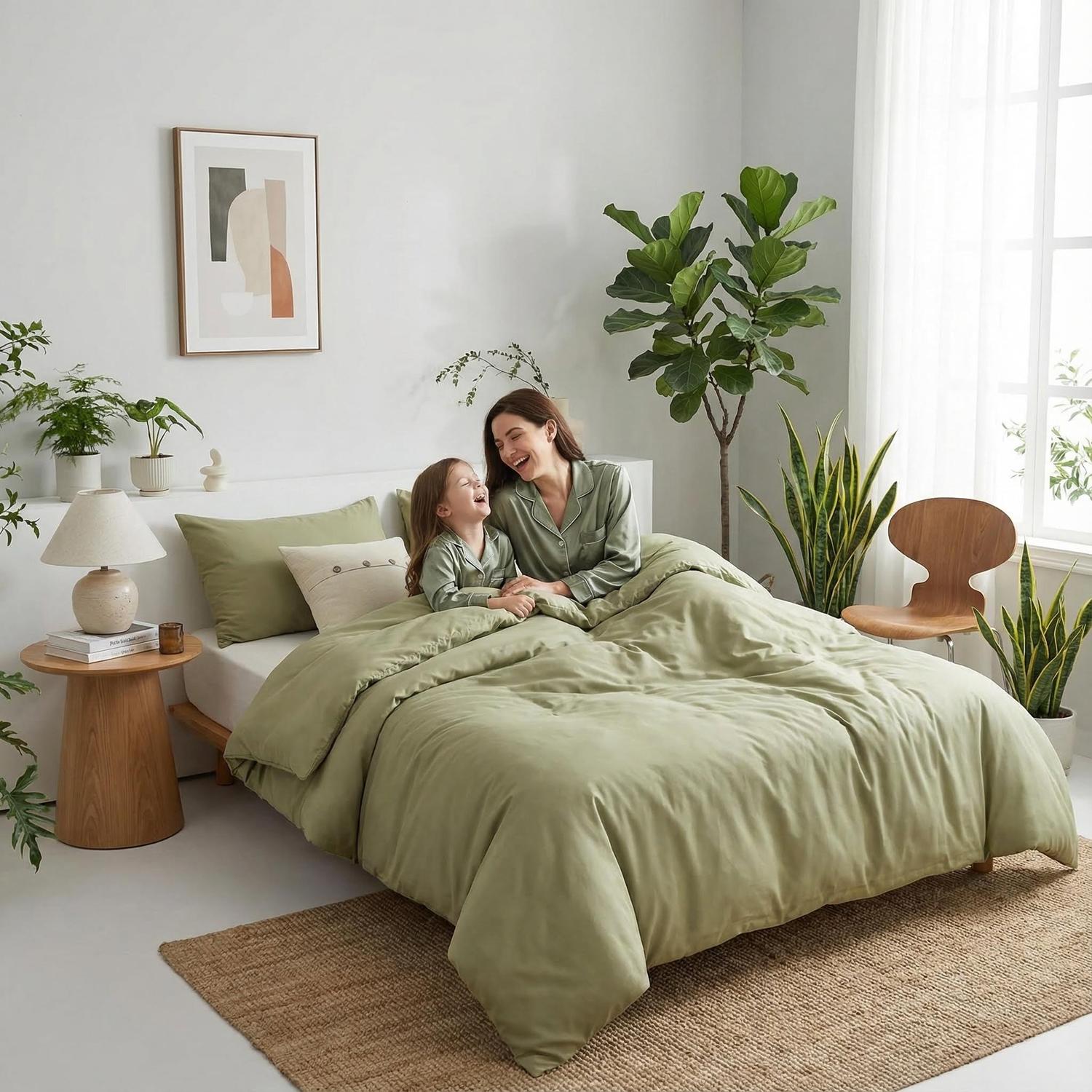 Olive green king comforter set with two matching pillowcases, showcasing a soft, bohemian design.