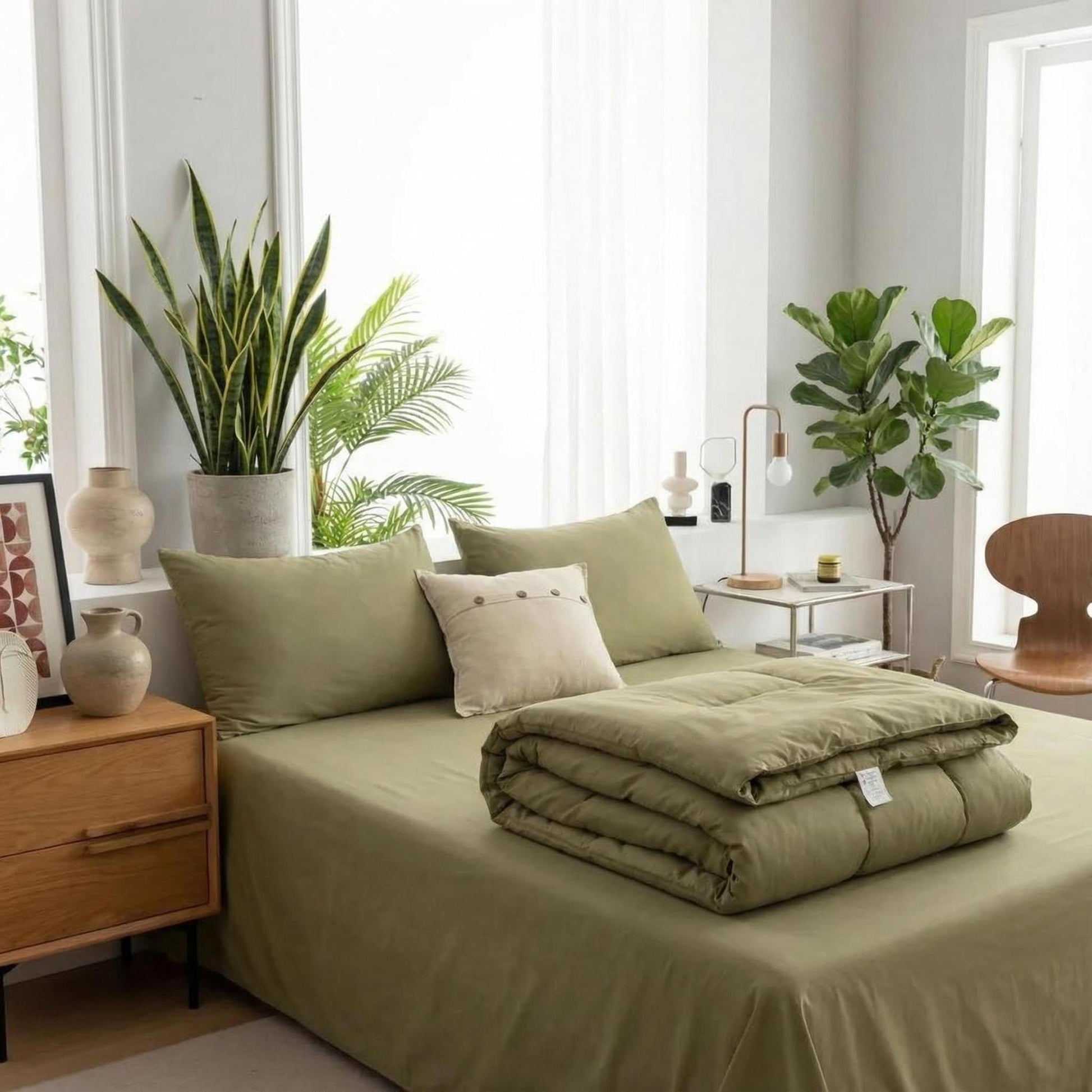 Olive green queen comforter set with two pillowcases and a folded comforter on a bed.