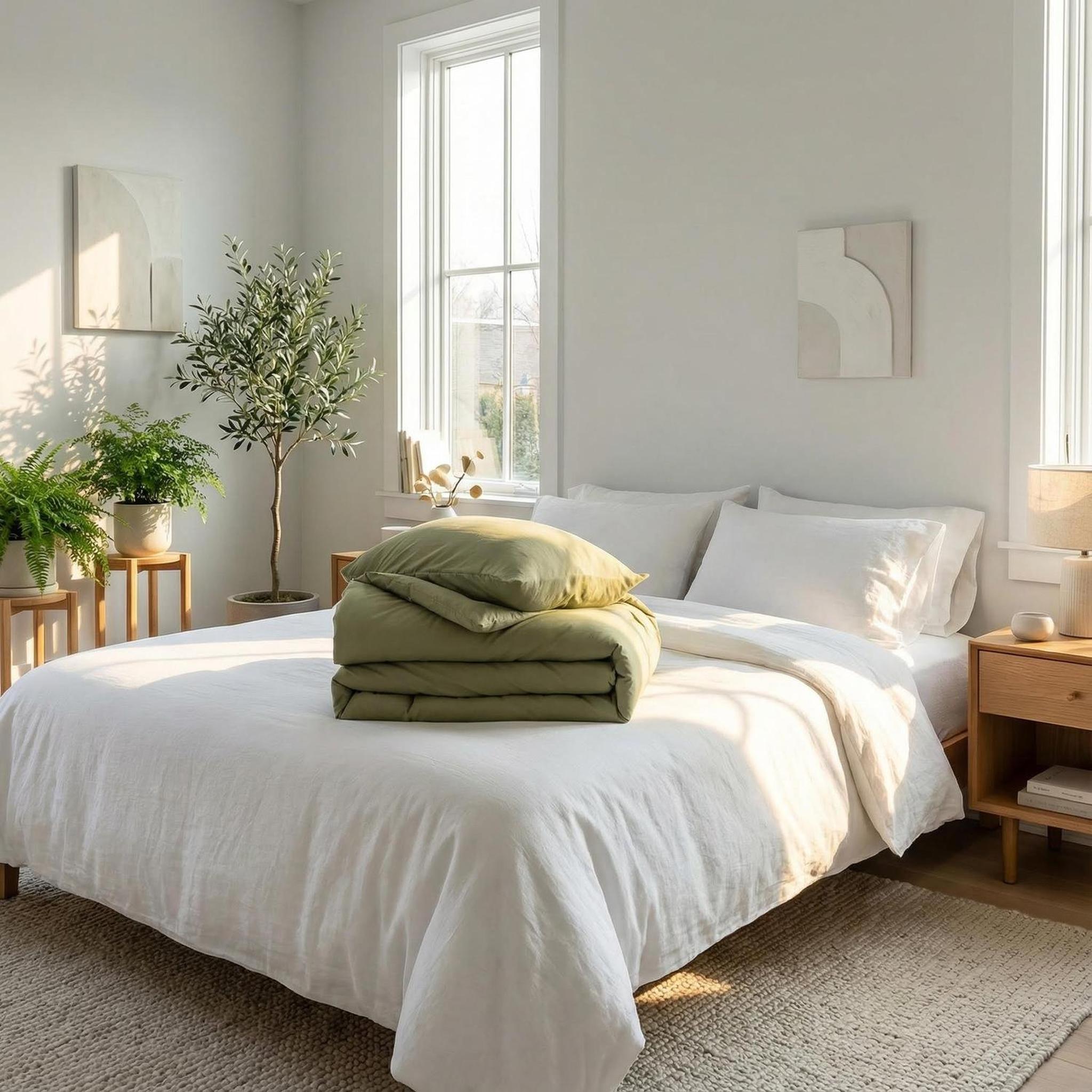 Olive green comforter set folded on a white queen bed in a bright, modern bedroom.