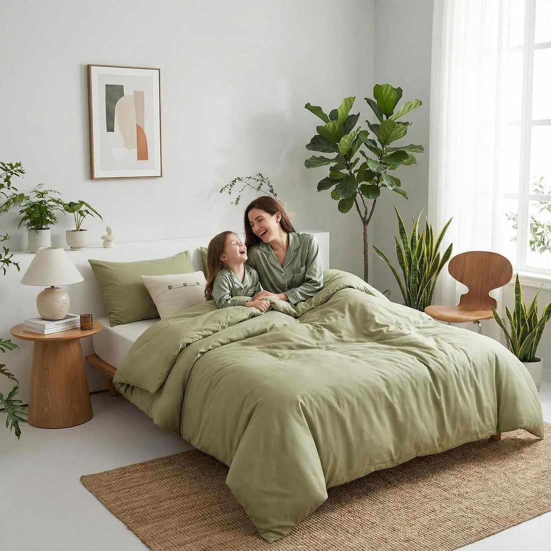 Olive green queen comforter set with two pillowcases on a bed, featuring a mother and child.