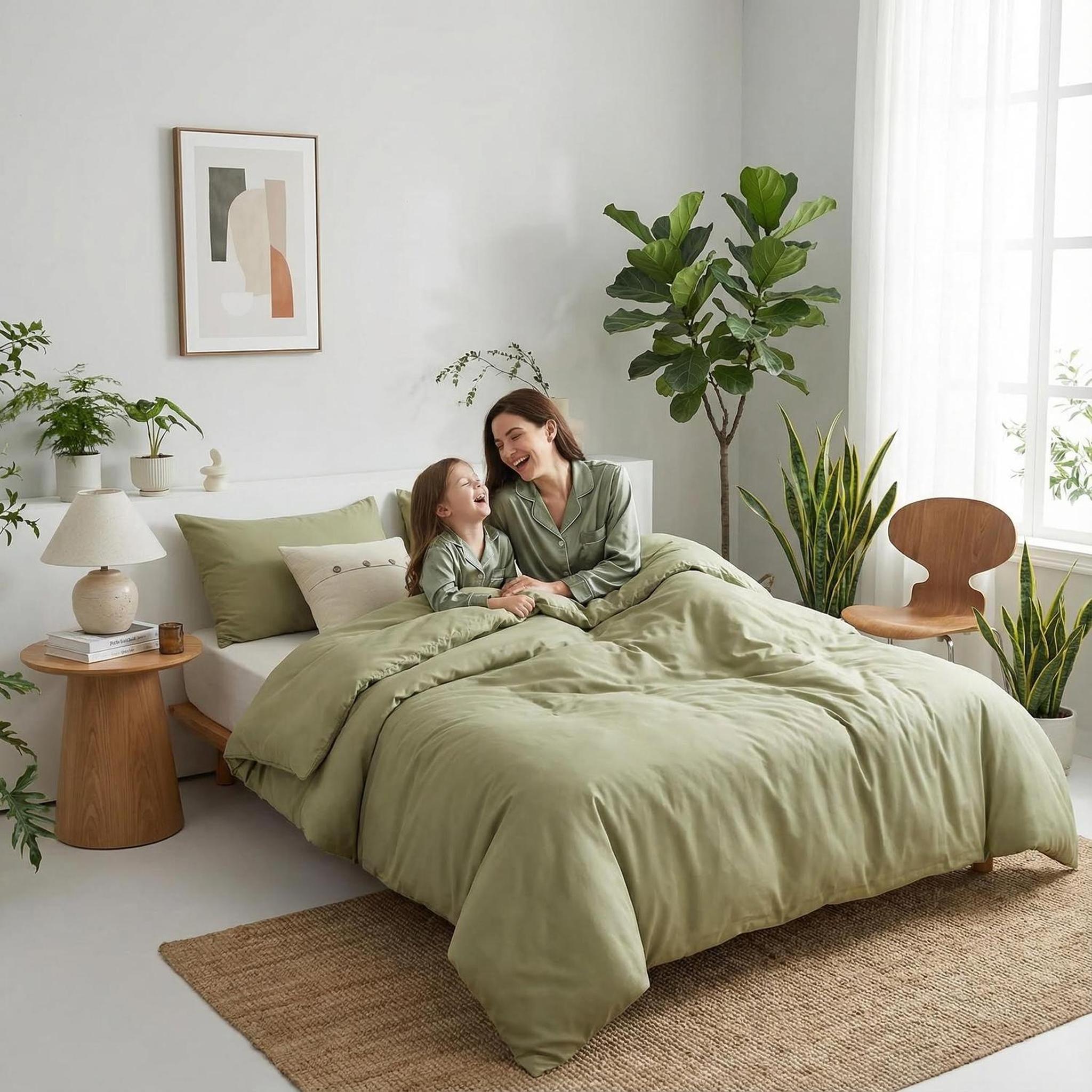 Olive green queen comforter set with two pillowcases on a bed, featuring a mother and child.