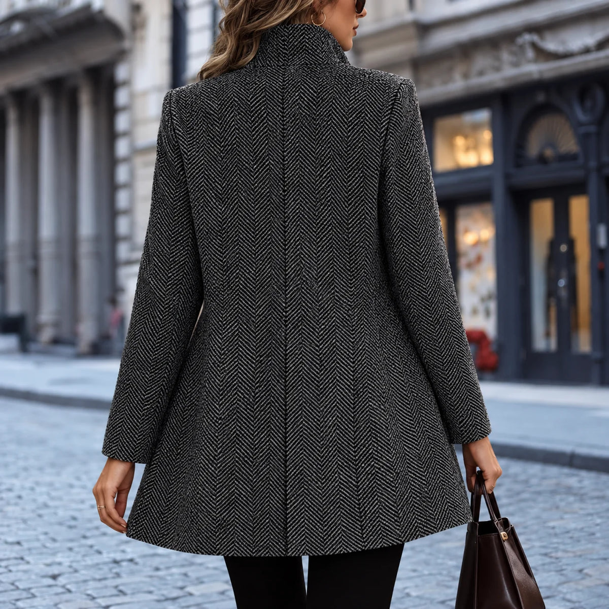 Open Front Herringbone Wool Coat for Stylish Layering 2