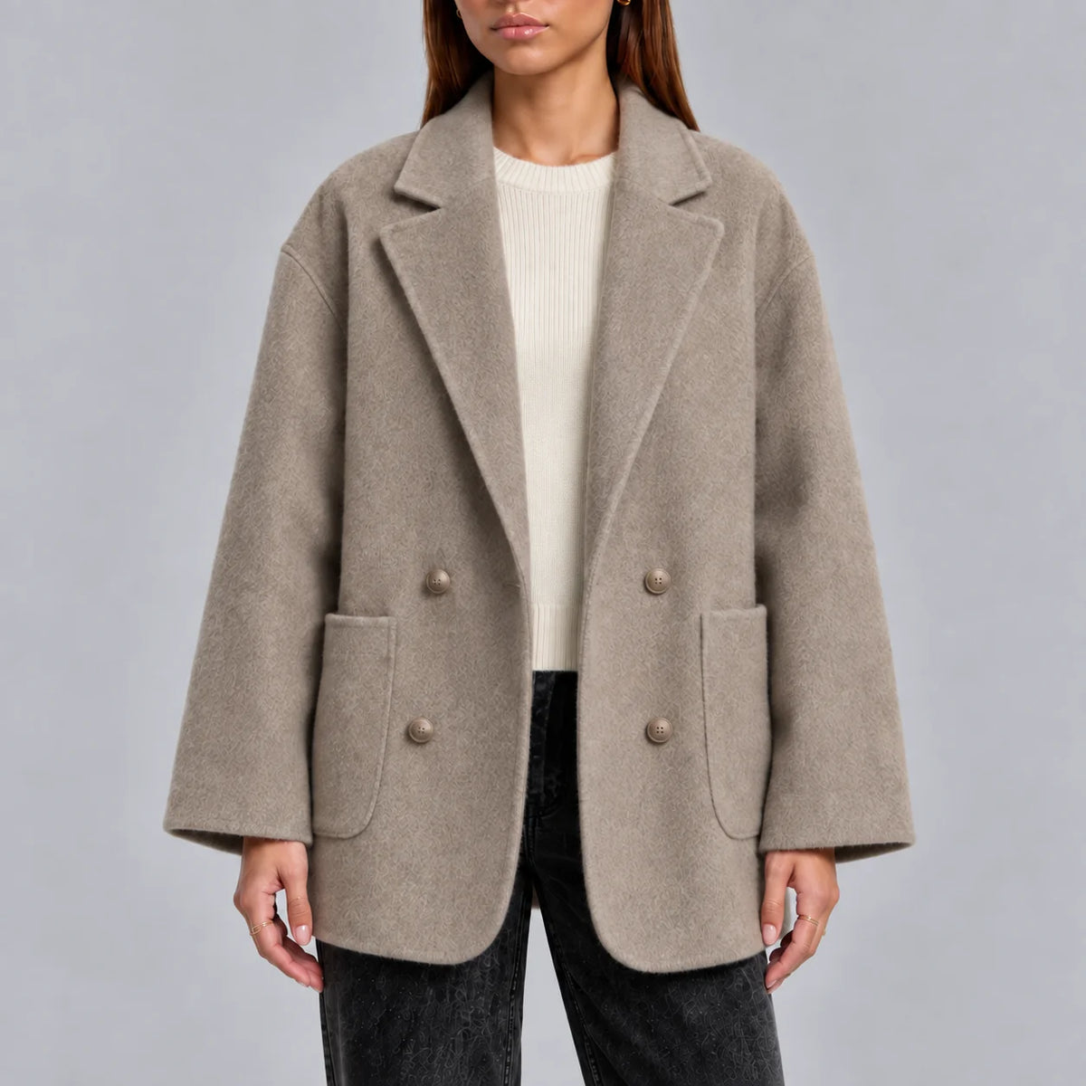 Oversized Double-Breasted Women's Wool Overcoat with Lapel Collar 2
