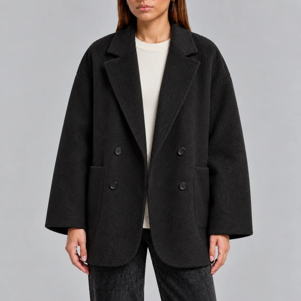 Oversized Double-Breasted Women's Wool Overcoat with Lapel Collar 3