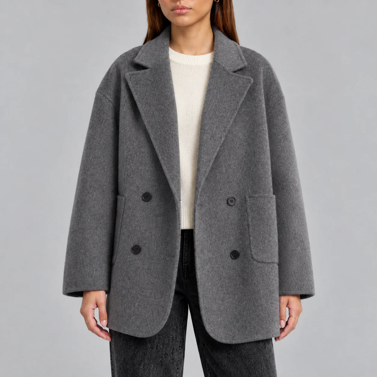 Oversized Double-Breasted Women's Wool Overcoat with Lapel Collar 0