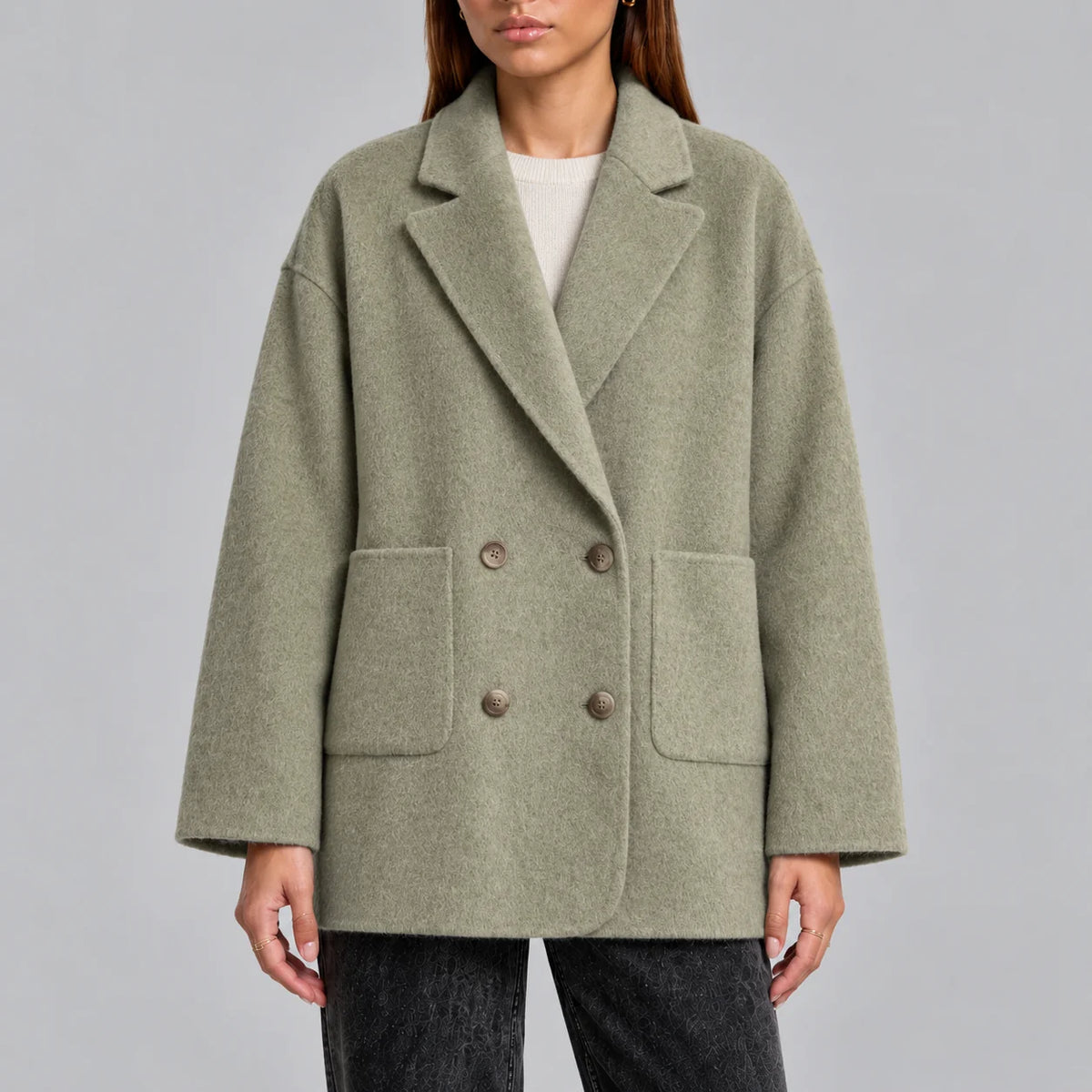 Oversized Double-Breasted Women's Wool Overcoat with Lapel Collar 1