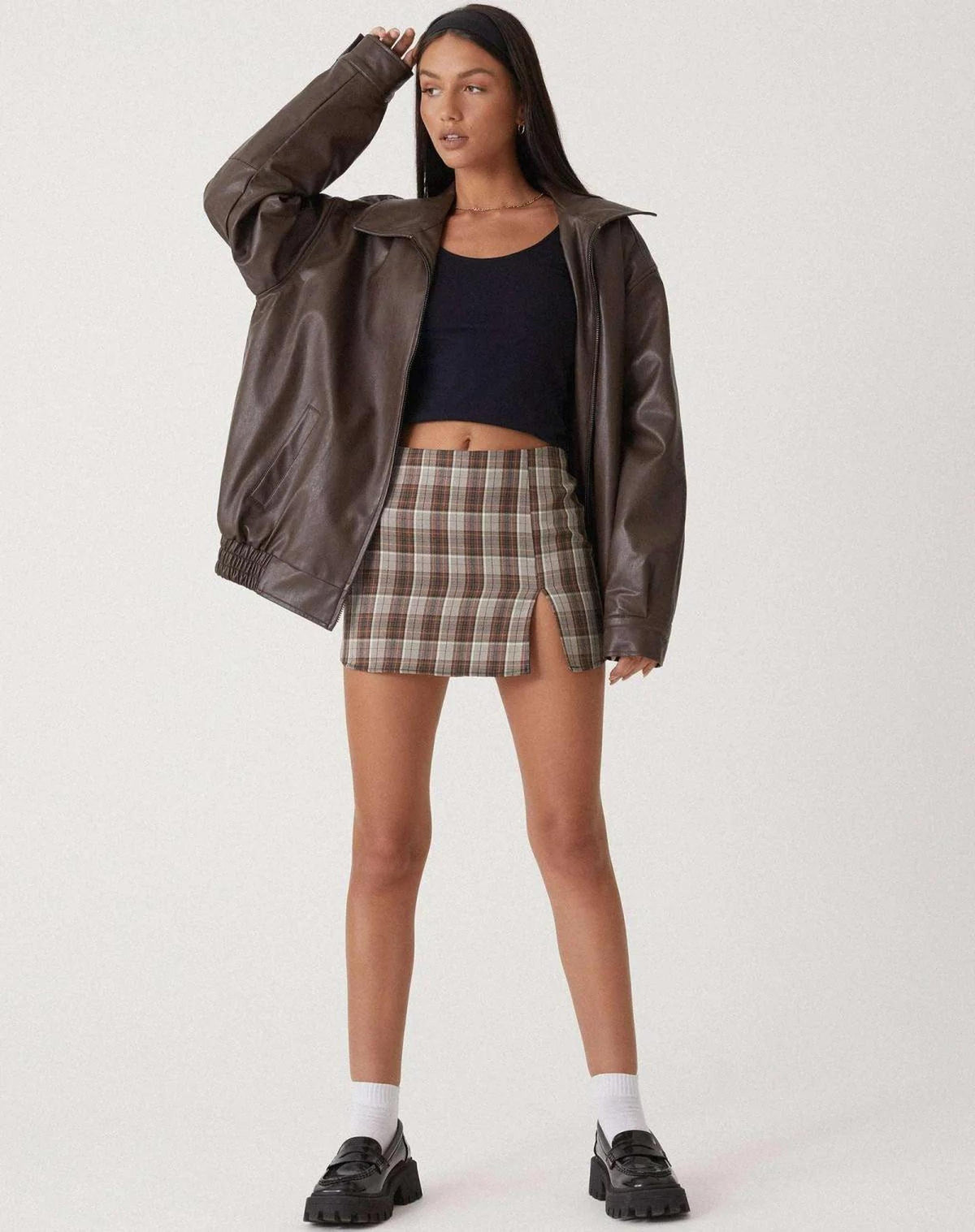 Oversized Faux Leather Bomber Jacket with Zip Closure 1
