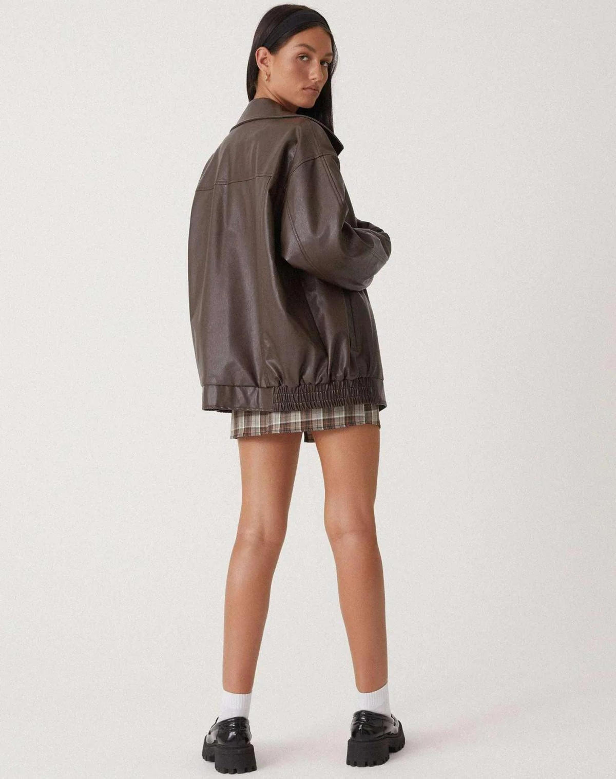 Oversized Faux Leather Bomber Jacket with Zip Closure 3