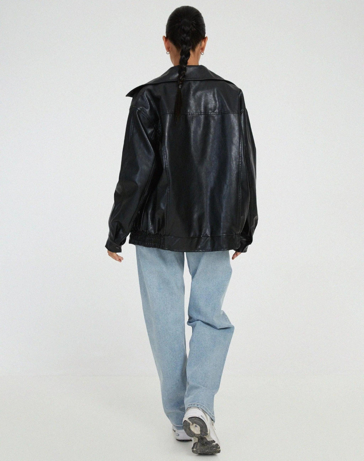 Oversized Faux Leather Bomber Jacket with Zip Closure 4