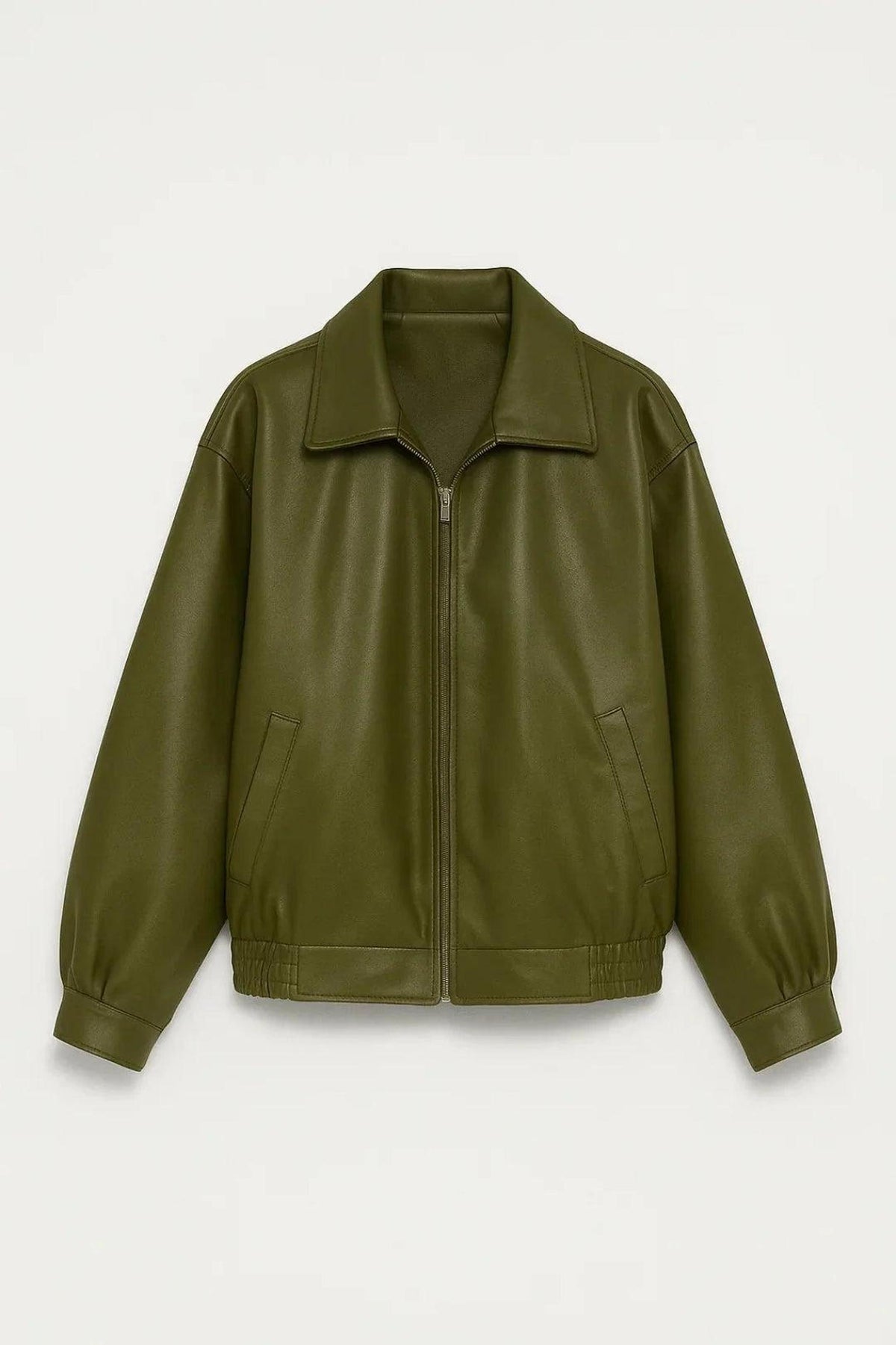 Oversized Faux Leather Bomber Jacket with Zip Closure 4