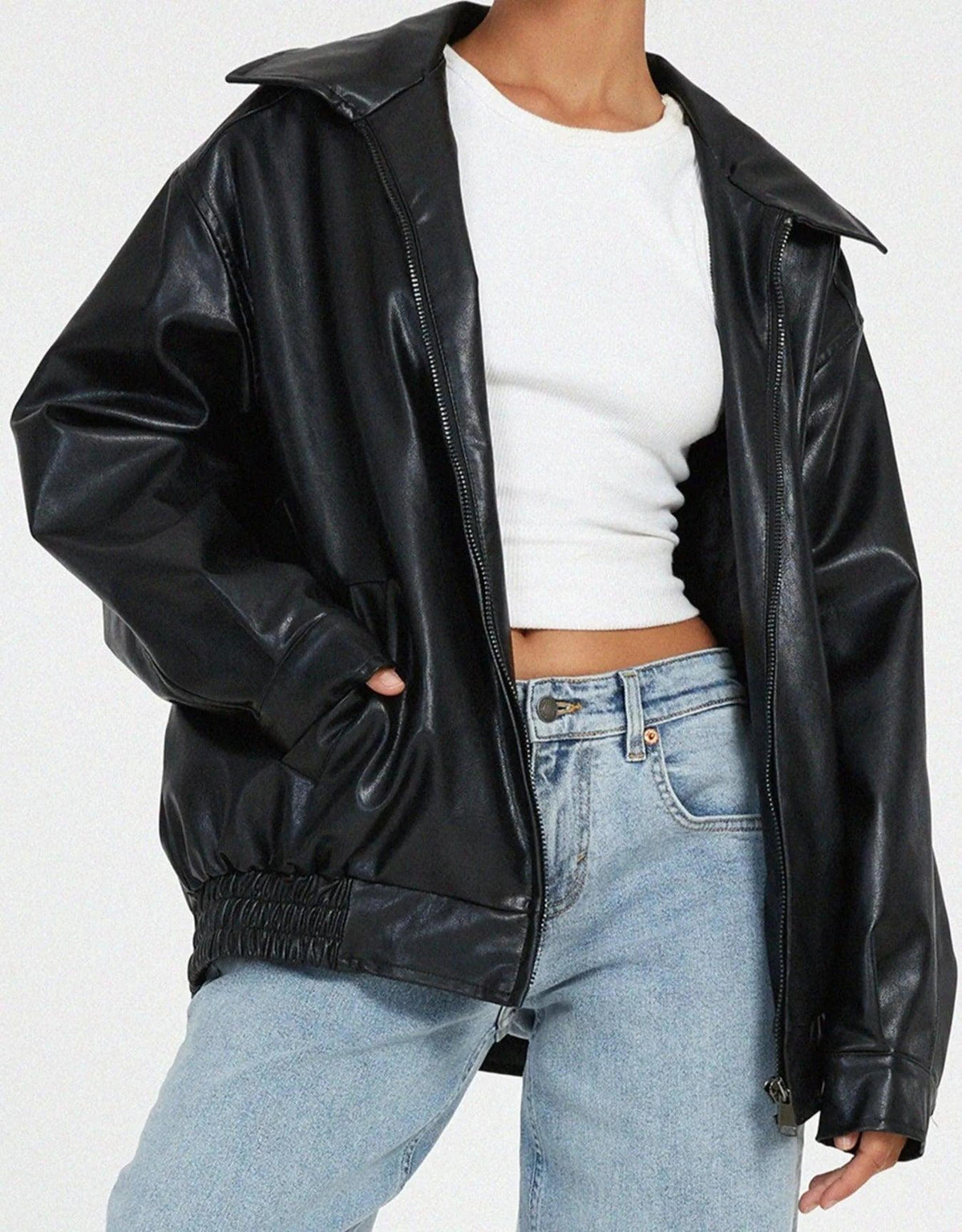 Oversized Faux Leather Bomber Jacket with Zip Closure 5
