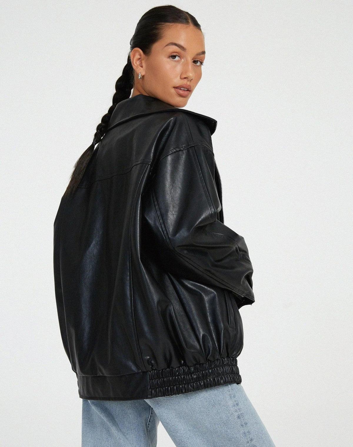 Oversized Faux Leather Bomber Jacket with Zip Closure 6