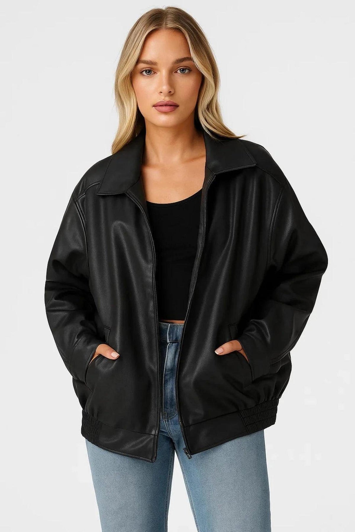 Oversized Faux Leather Bomber Jacket with Zip Closure 1
