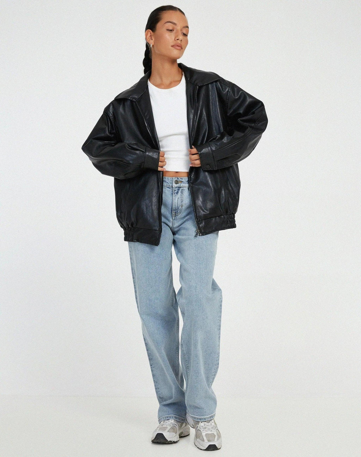 Oversized Faux Leather Bomber Jacket with Zip Closure 8